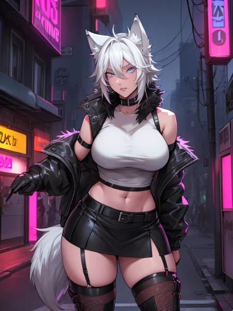 Single girl, Anime tomboy, Short, Long white hair, wolf ears, wolf tail, blue eyes, thigh high fishnets, black combat boots, wea...