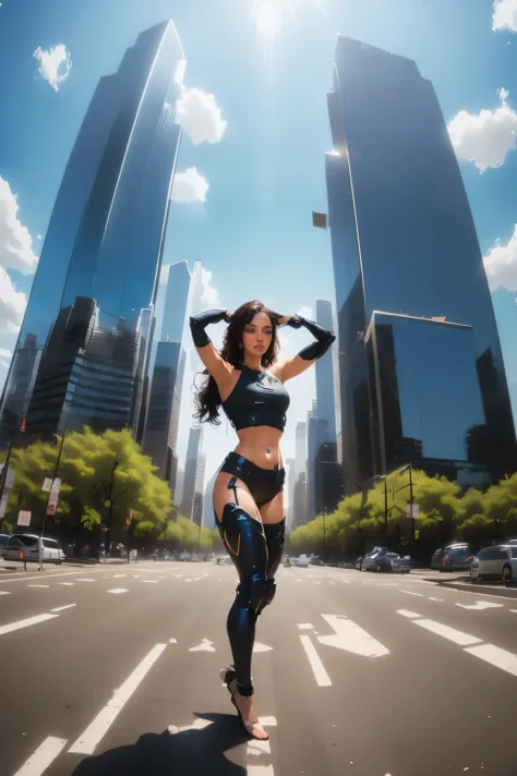 office in a skyscraper in a big city, a female cyborg adopts various poses to show off her personality, lying down, dancing, jum...