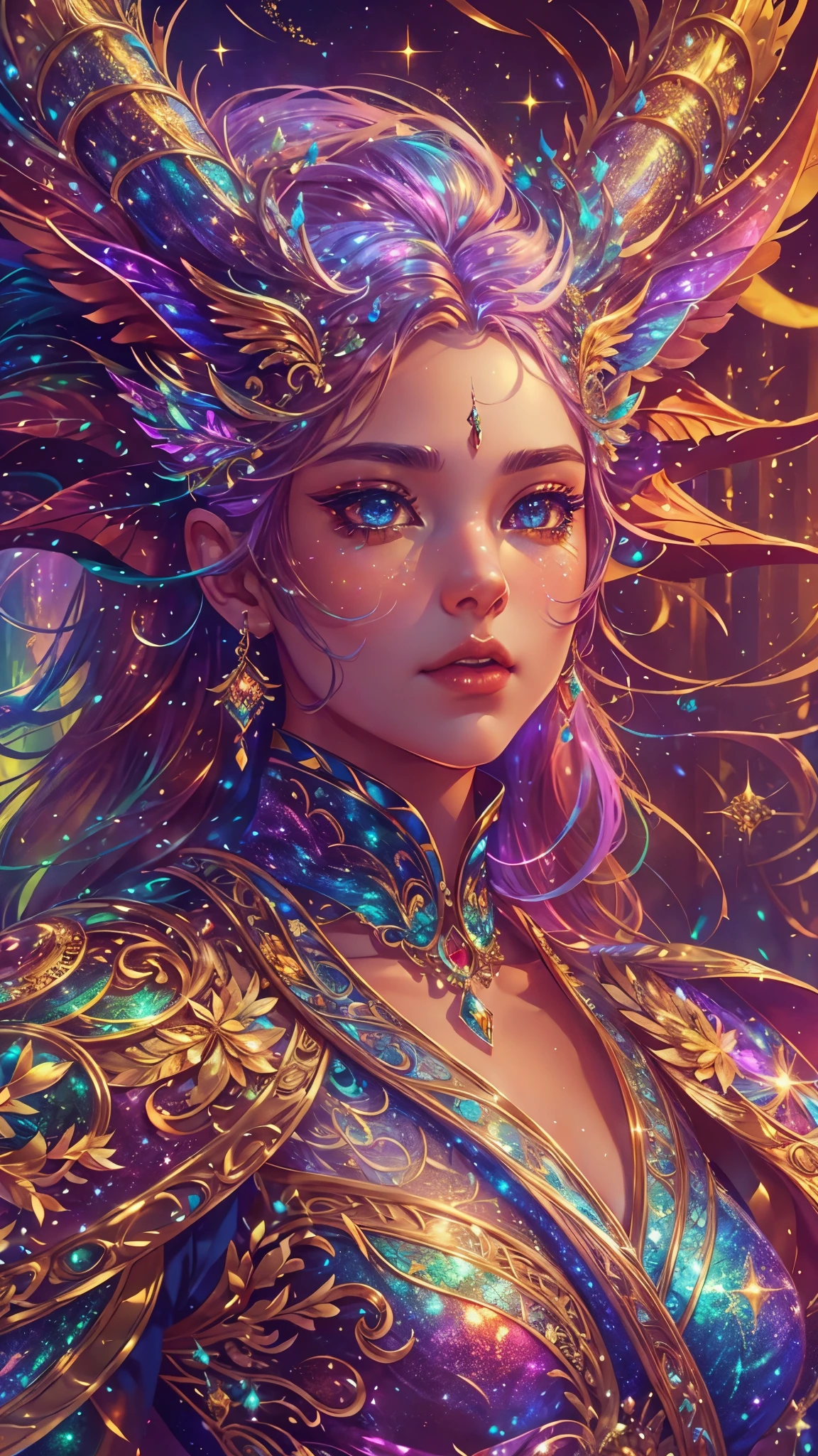 This is a highly detailed and semi-realistic fantasy art image with beautiful layers of shimmer, glimmering silks, and a glittering aesthetic. Create a beautiful and bold dragon woman. She should have intricate and elegant horns, detailed and multi-colored scales, and a striking face. Her eyes are highly detailed with realistic shading and realistic details. Include soft pastels with unexpected pops of bright color. Use compelling composition techniques and fantasy lighting to create a cinematic and unforgettable atmosphere. (((masterpiece))), (((best quality))), ((ultra-detailed)), (highly detailed CG illustration)
