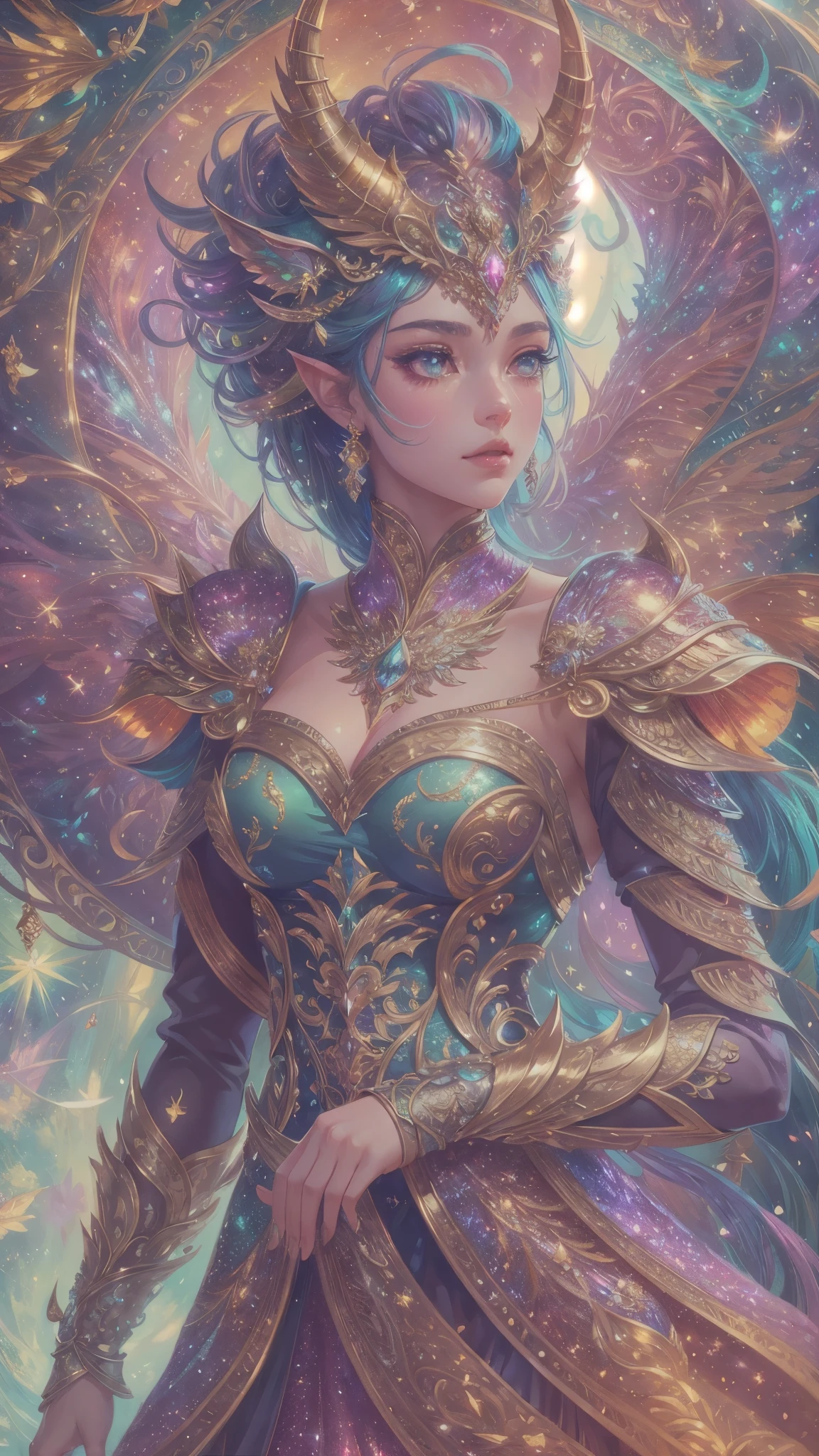 This is a highly detailed and semi-realistic fantasy art image with beautiful layers of shimmer, glimmering silks, and a glittering aesthetic. Create a beautiful and bold dragon woman. She should have intricate and elegant horns, detailed and multi-colored scales, and a striking face. Her eyes are highly detailed with realistic shading and realistic details. Include soft pastels with unexpected pops of bright color. Use compelling composition techniques and fantasy lighting to create a cinematic and unforgettable atmosphere. (((masterpiece))), (((best quality))), ((ultra-detailed)), (highly detailed CG illustration)
