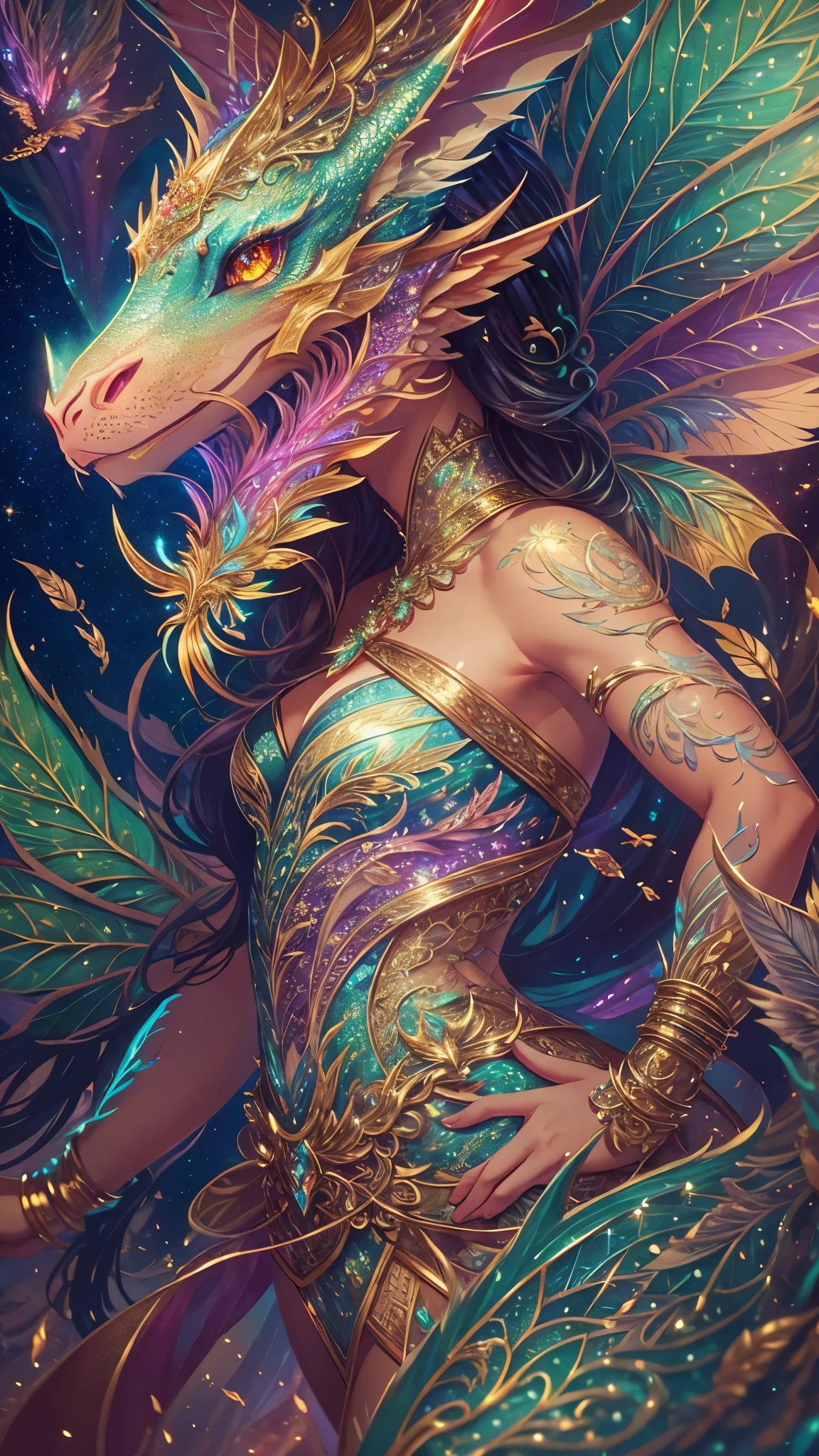 This is a highly detailed and semi-realistic fantasy art image with beautiful layers of shimmer, glimmering silks, and a glittering aesthetic. Create a beautiful and bold dragon woman. She should have intricate and elegant horns, detailed and multi-colored scales, and a striking face. Her eyes are highly detailed with natural shading and realistic details. Include small and ornate details like smaller dragons and bright feathers. Use soft pastel hues with unexpected pops of bright color. Use compelling composition techniques and fantasy lighting to create a cinematic and unforgettable atmosphere. (((masterpiece))), (((best quality))), ((ultra-detailed)), (highly detailed CG illustration)
