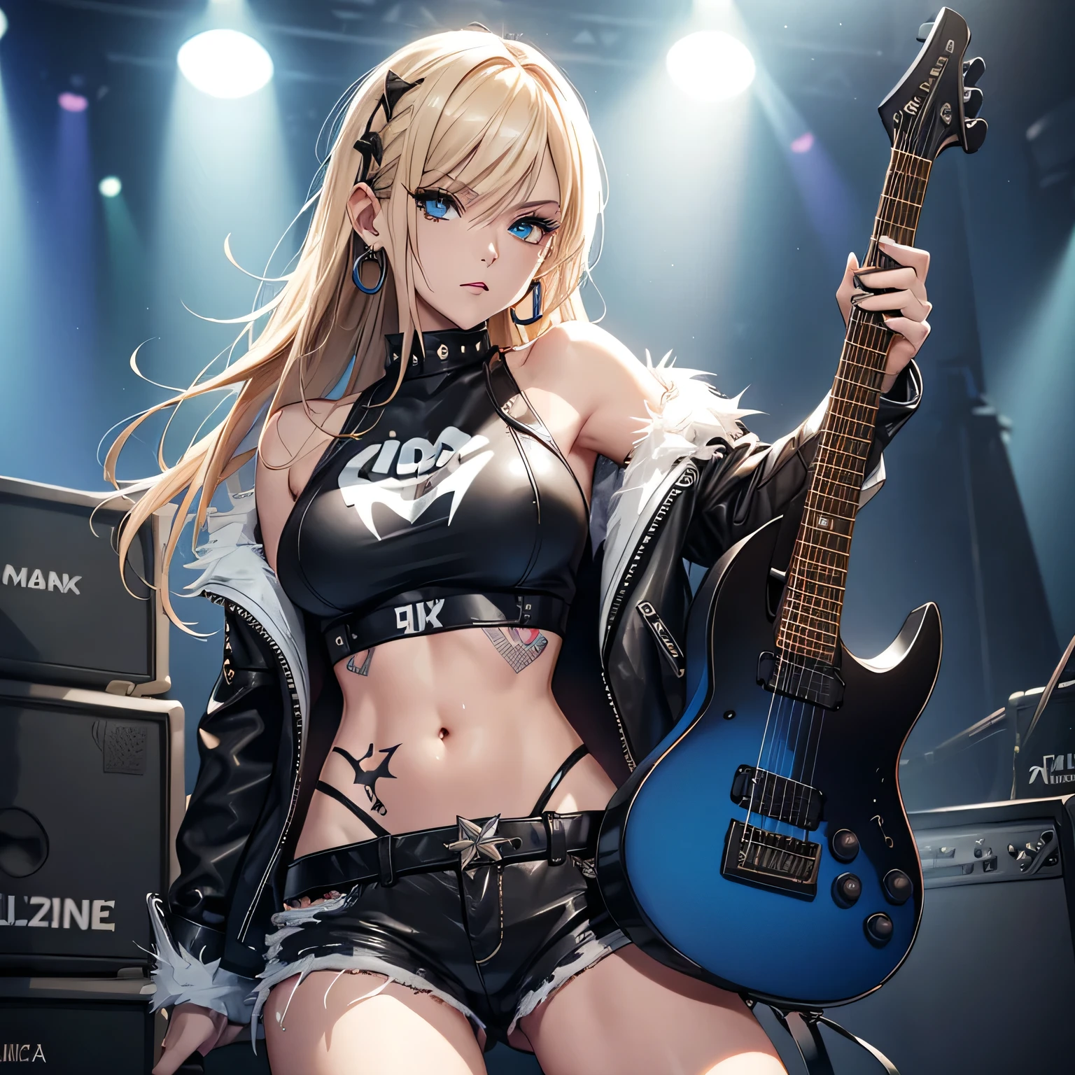 realistic:1.2, Rocker girl wearing a leather jacket,slim body shape、Normal bust size、 highly realistic photograph, fullbody、, １two electric guitars, clothes with spikes,white tank top、Navel exposed、leather shorts、tattoo,earrings dark lipstick, blue eyes,spiky blonde and partially shaved hair, beautiful and perfect legs, confident look, punk style ,dynamic pose, dynamic lighting, Bright colors, ant alexa 65, 50MM lens