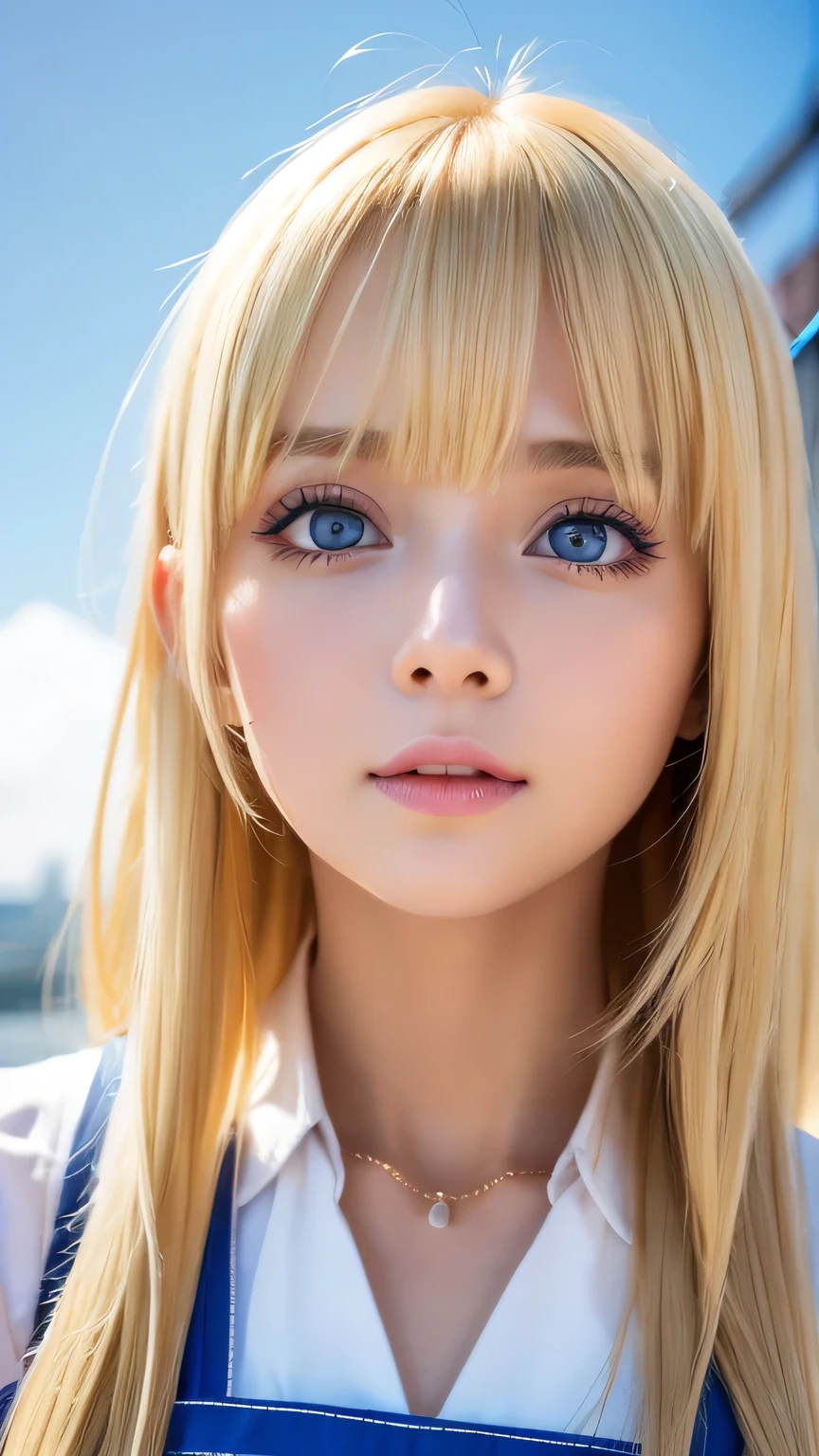 (Close-up:1.4)、(RAW shooting:1.2)、(Photorealistic:1.4)、(masterpiece:1.3)、(highest quality:1.4)、Bright expression、very beautiful blonde girl、Extraordinary blonde beauty、Detailed cute and beautiful face、Beautiful bangs、Shiny white glossy skin、Facial hair、Bangs that reach the face、Bangs between the eyes、Super long blonde hair、Attractive bright platinum blonde super long straight silky hair、Thin Hair、Attractive shining beautiful bright clear light blue big eyes、White Apron、Yellow dress、eyeliner、Double eyelids、Ample Bust、Upper body、