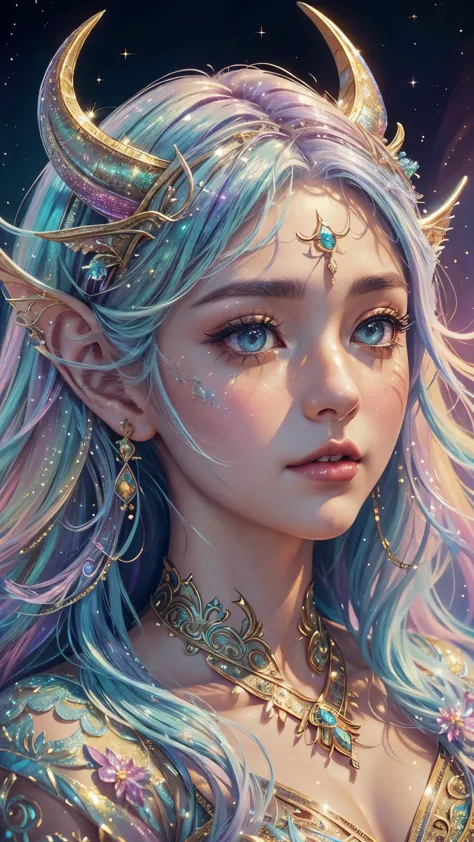 This is a highly detailed and semi-realistic fantasy art image with beautiful layers of shimmer, glimmering silks, and a glitter...
