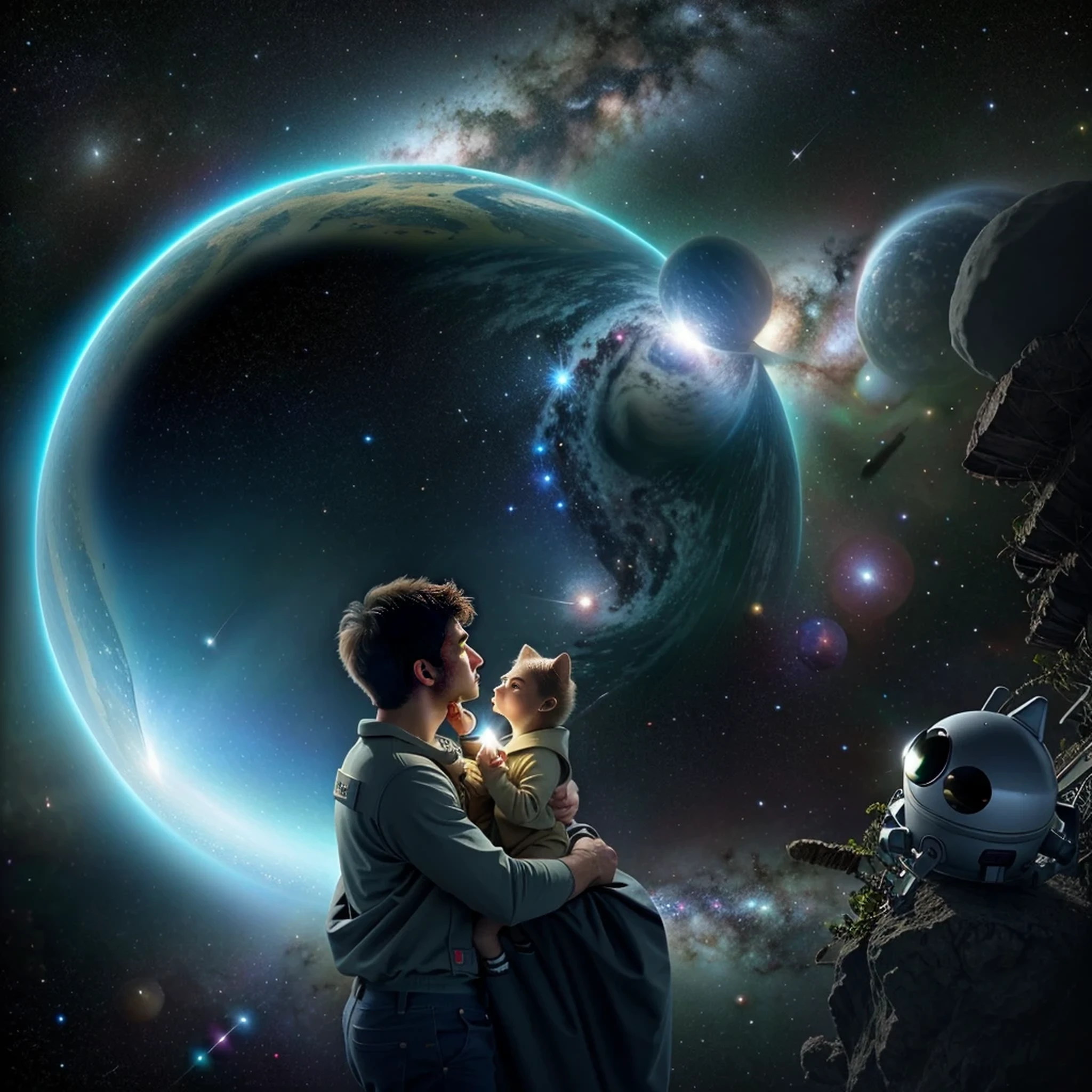 Cartoon illustration of a boy and a girl in space with cat, official fan art, in space, kitten in outer space, in outer space, in deep space, in galaxies, deep space exploration!!!, space travel, wearing in stars and planets, outer space, outer space, starry sky in space, in space, official art, space, on a spaceship, colorful, cute, more detailed, light, more realistic, cartoon