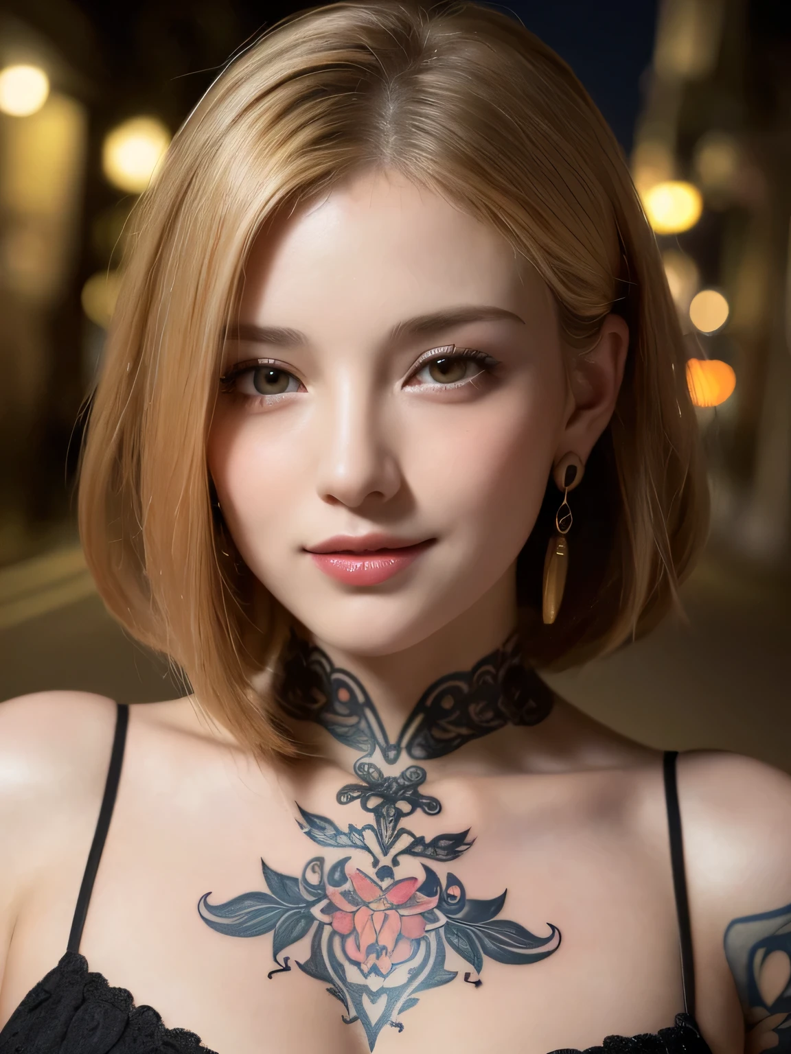 (sfw:1.5)、High resolution symmetrical images, 28 years old, Yakuza, Japanese Mafia, Movie photo with tattoos on waist, chest and arms, Cleavage、((Close-up face:1.1))、Upper body portrait、(((Full body tattoos)))、 (Lotus tattoo)、 ((Close-up chest:1.5, Underarm, 胸のAngle from below)), Blonde braids, short hair, ((Art Nouveau)), (Ecstasy Face), (Alphonse Mucha), Small earrings, ((On the dark street at night)), Angle from below、(Anatomically correct)、（Perfect body proportions)、(Natural Hands、Natural Fingers)、(Breast Goddess, Woman born from flowers, ((Round face)), Realistic Eye Size, Droopy eyes, smile,I&#39;m bathed in dazzling light、Big Eyes、Droopy eyes