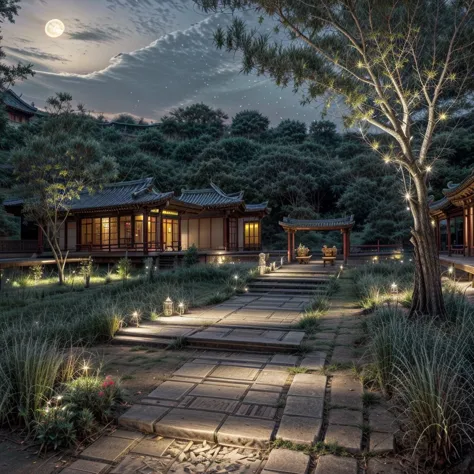 Official Art, Ancient China, Ancient Streets, (Lots of Fireflies), (Night), (Moon), Lights, Beautiful Landscapes, Epic Landscape...