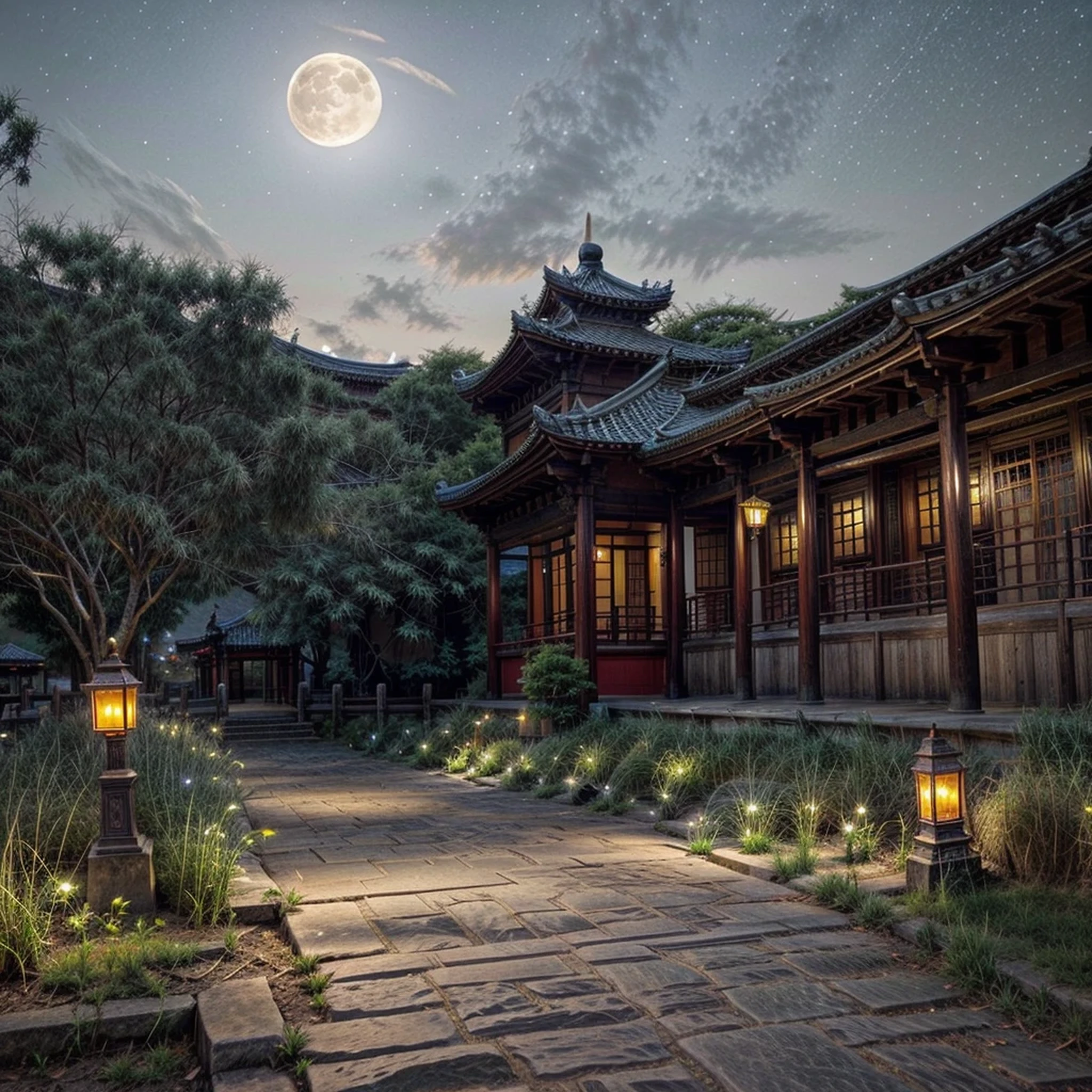 Official Art, Ancient China, Ancient Streets, (Lots of Fireflies), (Night), (Moon), Lights, Beautiful Landscapes, Epic Landscapes, Realistic Lighting, Masterpieces, High Quality, Beautiful Graphics, High Detail, Global Illumination, Unreal Engine Rendering, Octane Rendering, (HDR:1.3)