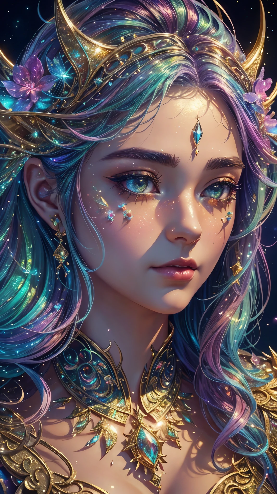 This is a highly detailed and semi-realistic fantasy art image with beautiful layers of shimmer, glimmering silks, and a glittering aesthetic. Create a beautiful and bold older dragon woman. She should have intricate and elegant horns, detailed and multi-colored scales, and a striking face. Her eyes are highly detailed with realistic shading and realistic details. Include soft pastels with unexpected pops of bright color. Use compelling composition techniques and fantasy lighting to create a cinematic and unforgettable atmosphere. (((masterpiece))), (((best quality))), ((ultra-detailed)), (highly detailed CG illustration)