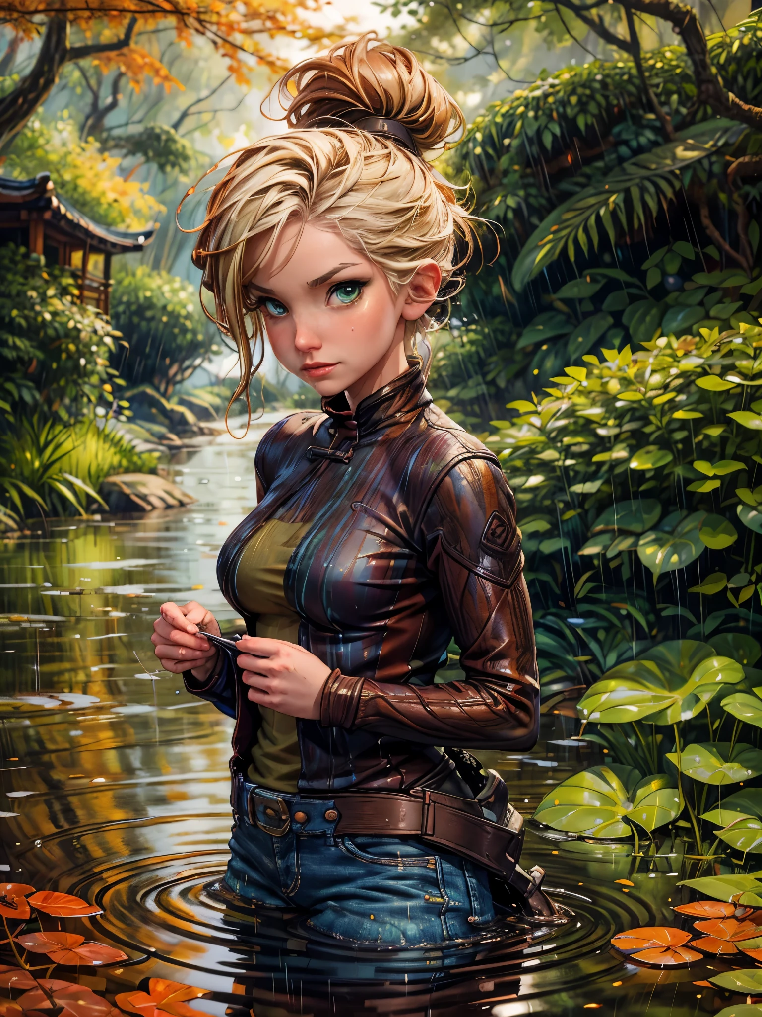 masterpiece, best quality, autumn outfit, colorful hair, outdoor,upper body, colorful autumnal clothes, ((fully clothed)), warm clothes, wet clothes, soaked, drenched, excited, wet hair, wet and slimy, water up to her chest, submerged, fantasy environment, fantasy chinese environment ,fantastical, vivid colors, varied poses, detailed green eyes, beautiful Asian girl, liz.ashley