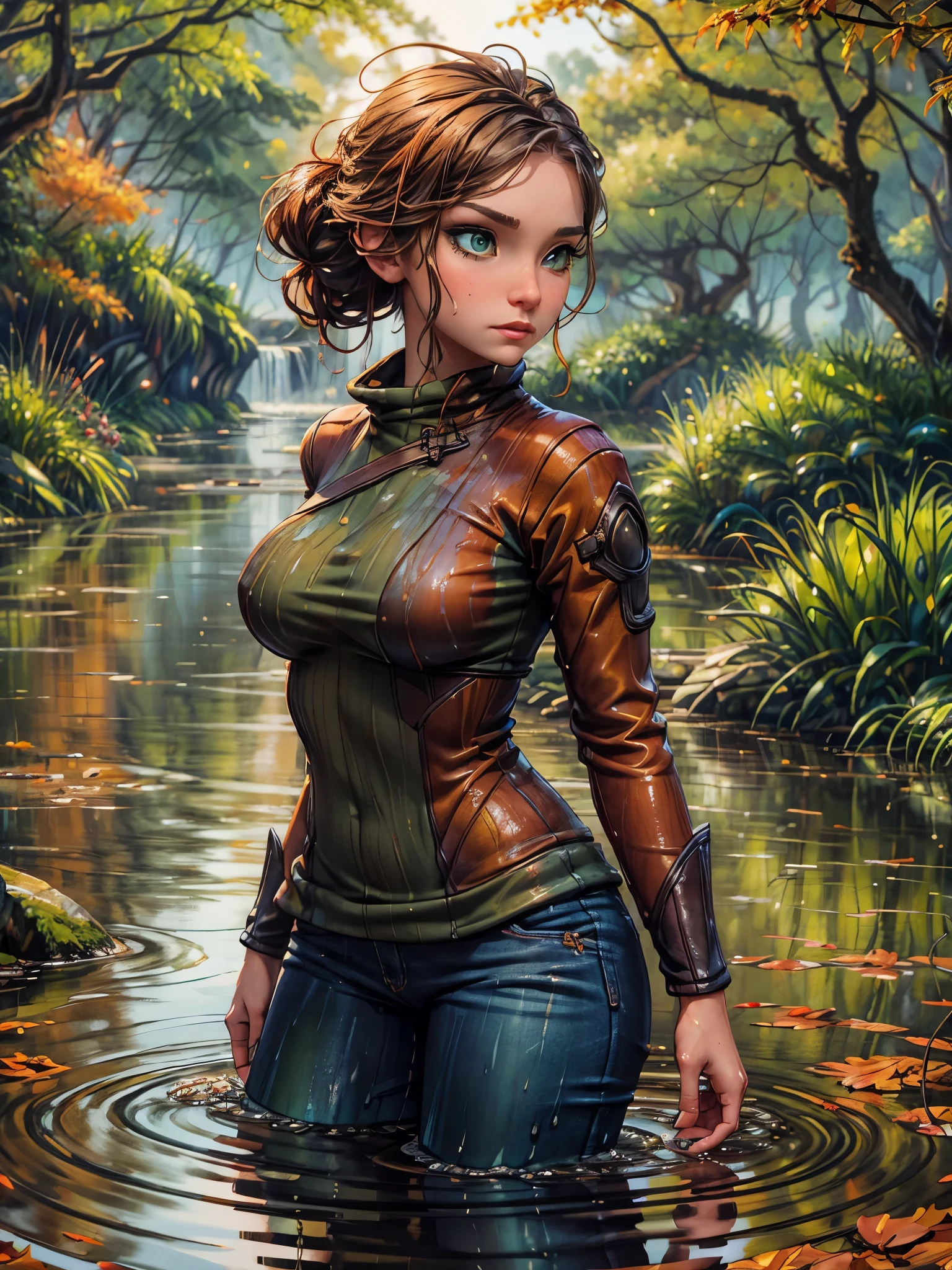 masterpiece, best quality, autumn outfit, colorful hair, outdoor,upper body, colorful autumnal clothes, ((fully clothed)), warm clothes, wet clothes, soaked, drenched, excited, wet hair, wet and slimy, water up to her chest, submerged, fantasy environment, fantasy chinese environment ,fantastical, vivid colors, varied poses, detailed green eyes, beautiful Asian girl, liz.ashley