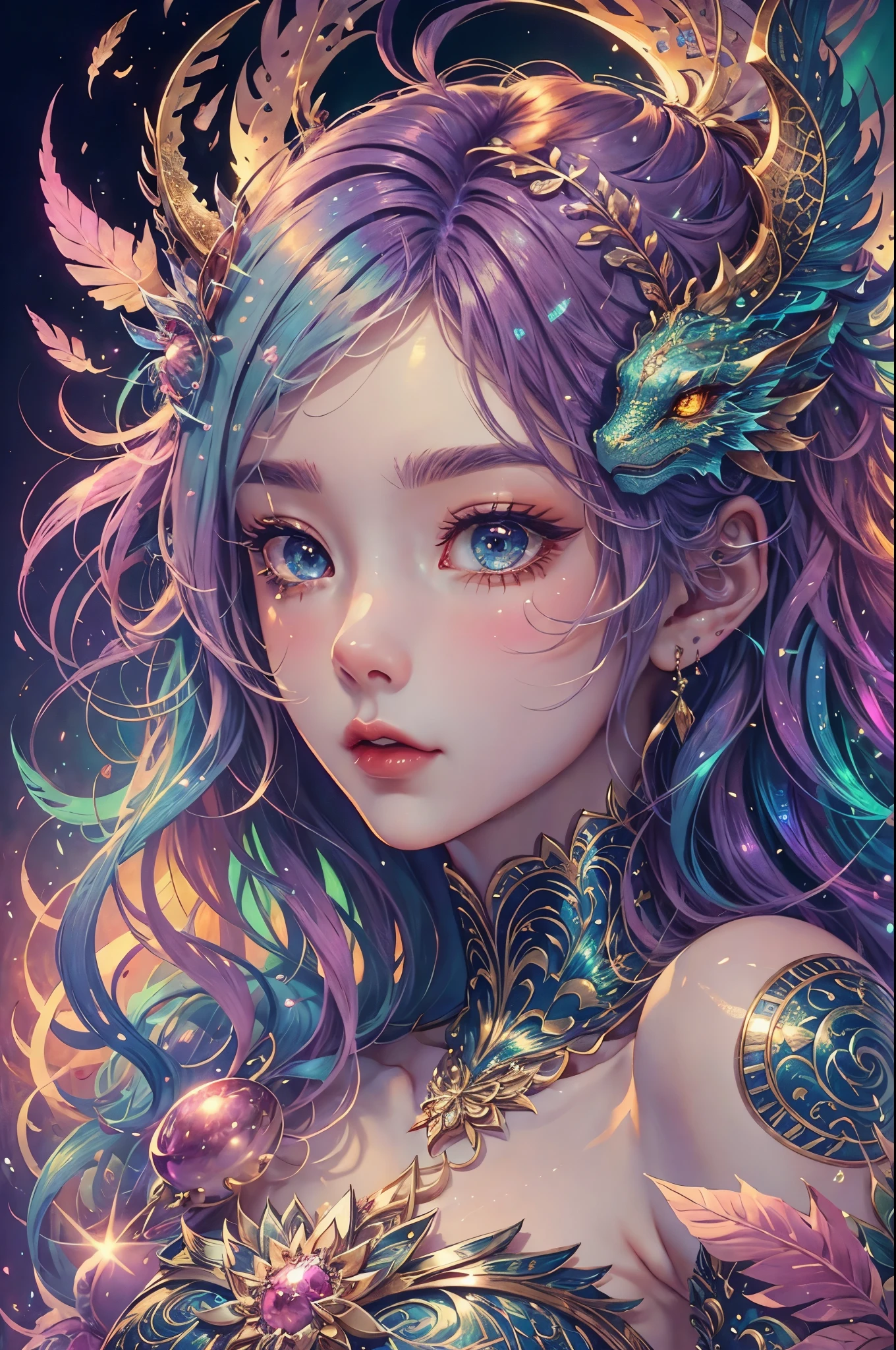 This is a highly detailed and semi-realistic fantasy art image with beautiful layers of shimmer, glimmering silks, and a glittering aesthetic. Create a beautiful and bold dragon woman. She should have intricate and elegant horns, detailed and multi-colored scales, and a striking face. Her eyes are highly detailed with natural shading and realistic details. Include small and ornate details like smaller dragons and bright feathers. Use soft pastel hues with unexpected pops of bright color. Use compelling composition techniques and fantasy lighting to create a cinematic and unforgettable atmosphere. (((masterpiece))), (((best quality))), ((ultra-detailed)), (highly detailed CG illustration)
