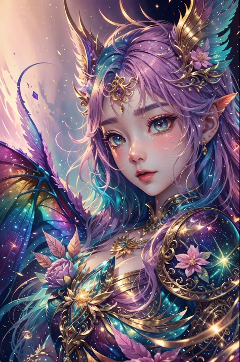 This is a highly detailed and semi-realistic fantasy art image with beautiful layers of shimmer, glimmering silks, and a glitter...