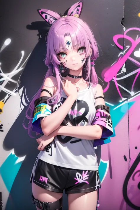 1girl, solo, casual outfit, choker, (graffiti:1.5), paint splatter, arms behind back, against wall, looking at viewer, armband, ...