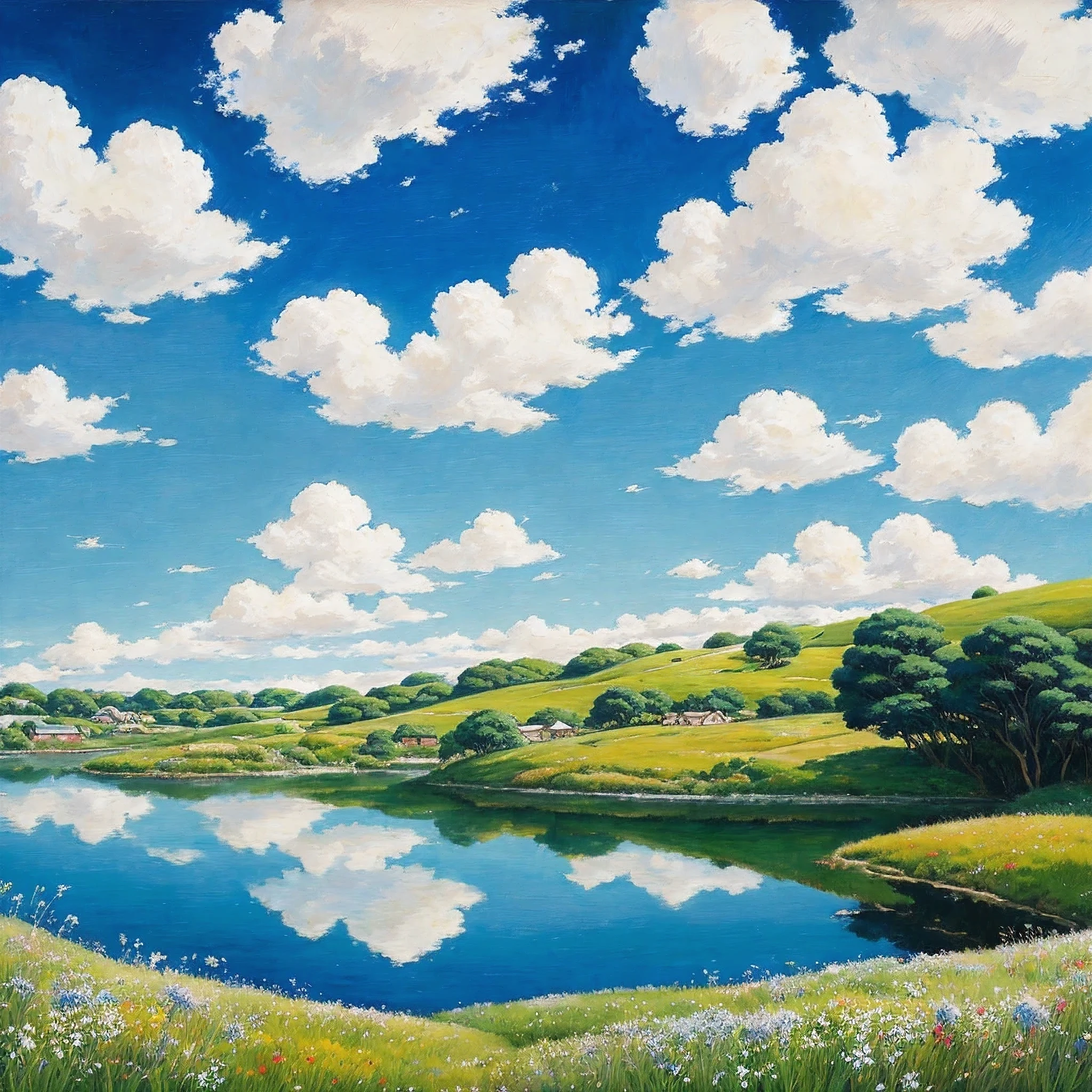 حقيقي, أصلي, لوحة زيتية جميلة ومذهلة للمناظر الطبيعية في استوديو جيبلي هاياو ميازاكي&#39;مروج بتلة مع سماء زرقاء وسحب بيضاء