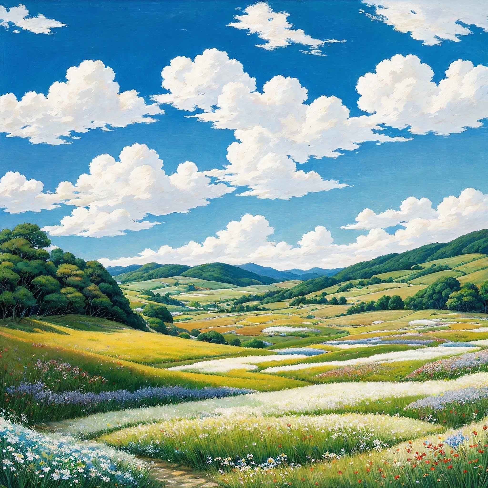 Realistic, authentic, beautiful and amazing landscape oil painting Studio Ghibli Hayao Miyazaki&#39;s petal grassland with blue sky and white clouds