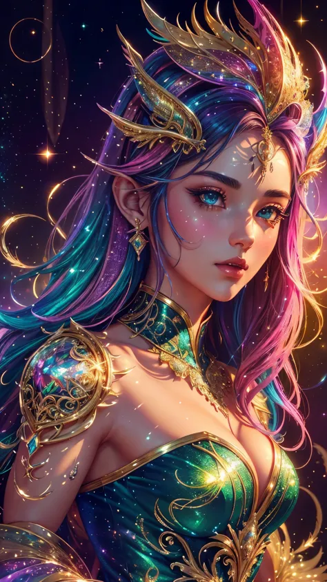 This is a highly detailed and semi-realistic fantasy art image with beautiful layers of shimmer, glimmering silks, and a glitter...