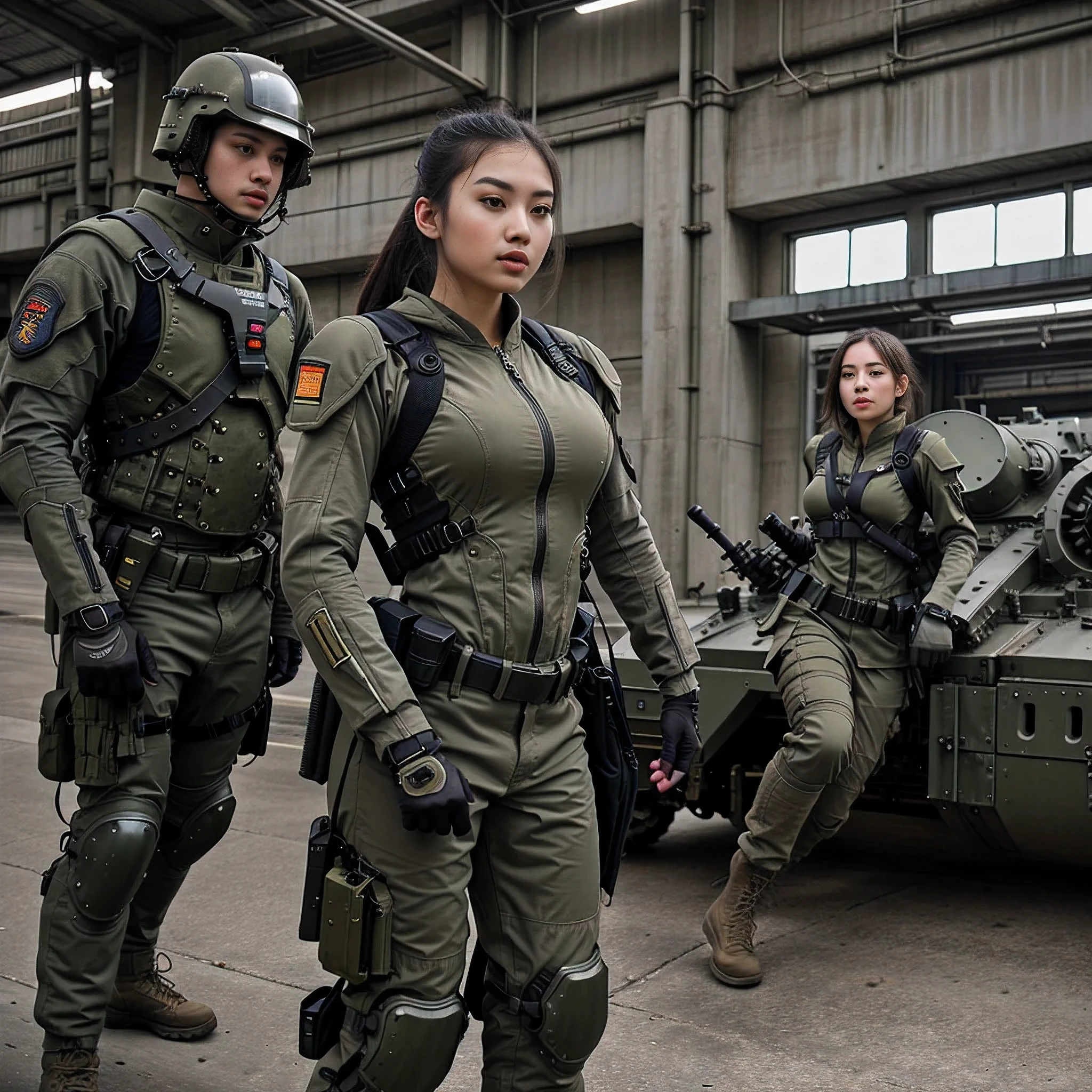 (best quality), oriental detailed background, science fiction,mechanical arms,girl with man , war, monster army, techwear,, military uniform