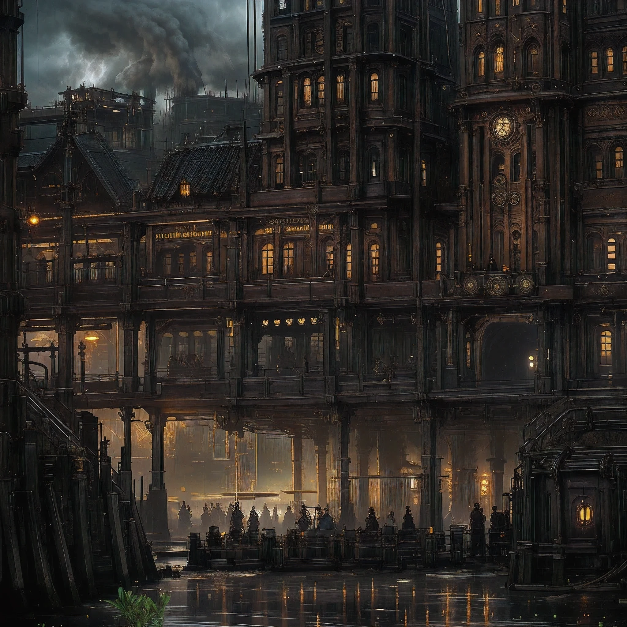 (((steampunk))),city,(((crowded buildings))),exposed gears and pipes,(((dim light))),submerged ground,((gears)),((thick pipes)),covered bridge,The perspective is from the bottom up, reflecting the height of the building,dark weather,smoking chimneys,(((mechanical devices))),((staggered wires)),crowded city,irregular buildings