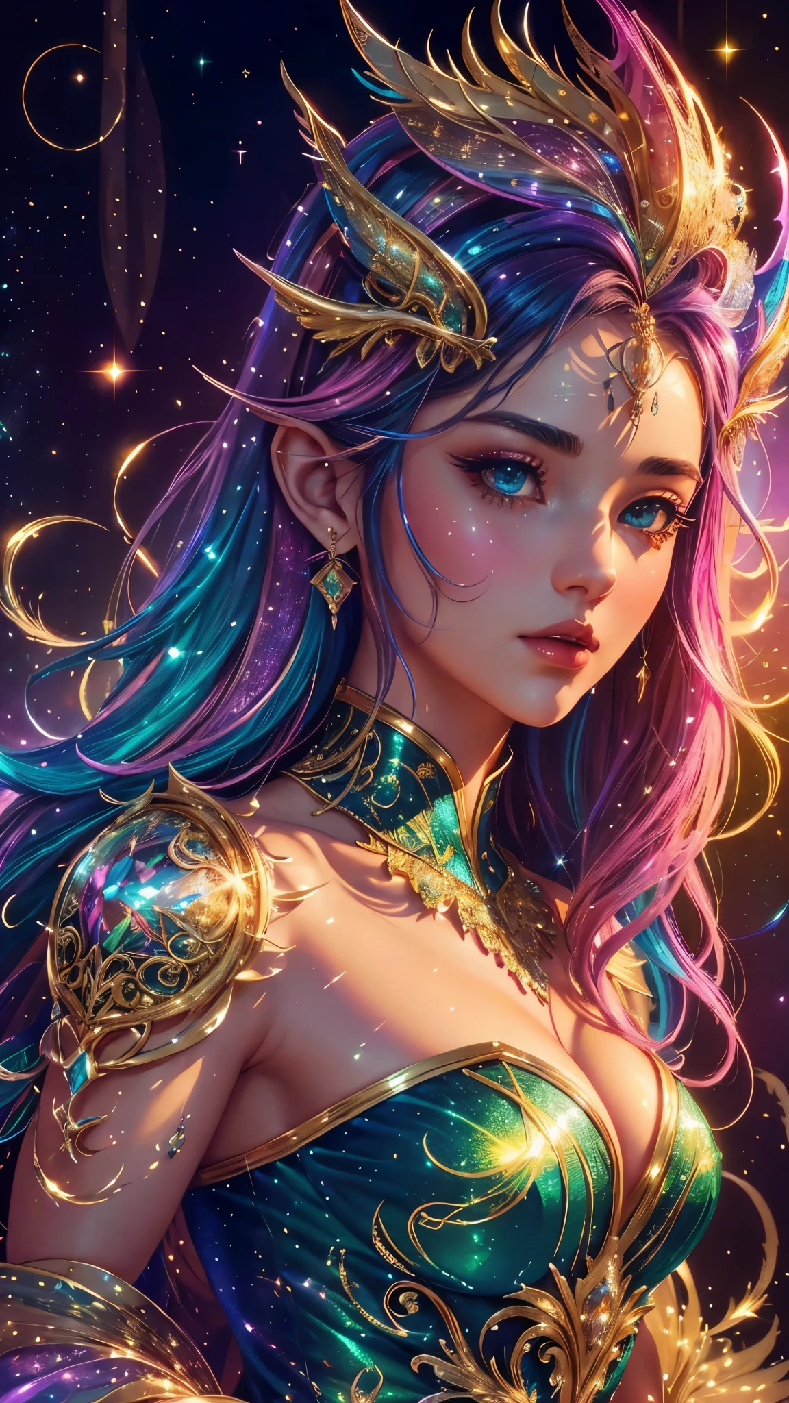 This is a highly detailed and semi-realistic fantasy art image with beautiful layers of shimmer, glimmering silks, and a glittering aesthetic. Create a beautiful and bold older dragon woman. She should have intricate and elegant horns, detailed and multi-colored scales, and a striking face. Her eyes are highly detailed with realistic shading and realistic details. Include soft pastels with unexpected pops of bright color. Use compelling composition techniques and fantasy lighting to create a cinematic and unforgettable atmosphere. (((masterpiece))), (((best quality))), ((ultra-detailed)), (highly detailed CG illustration)