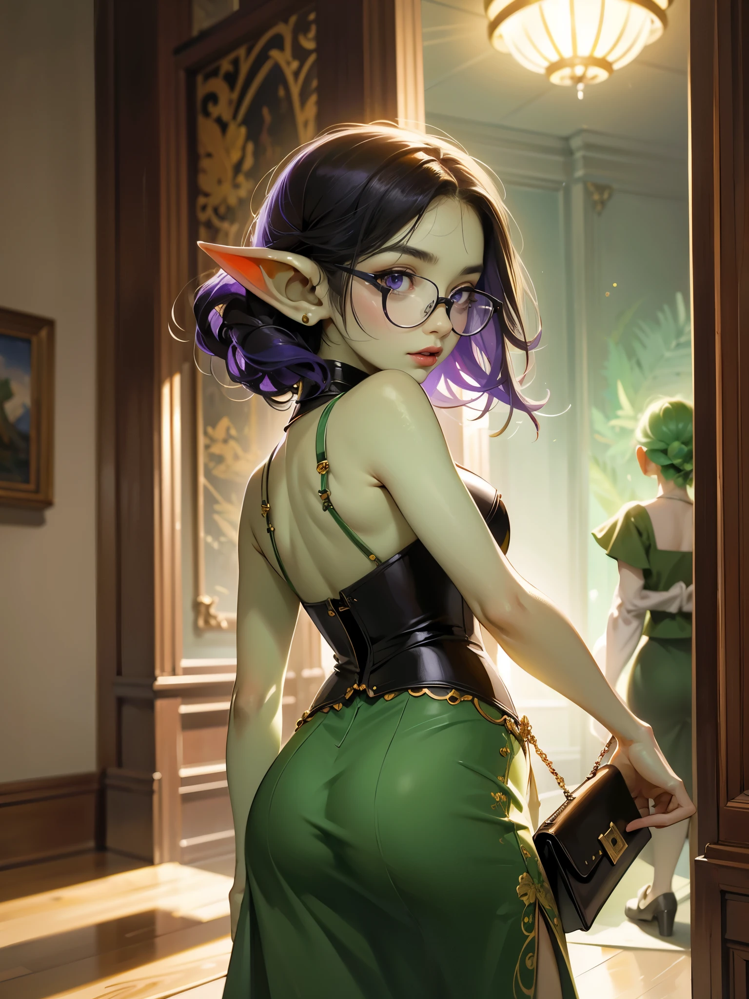 intricate details, tonemapping, sharp focus, hyper detailed, trending on Artstation, Masterpiece, absurdrez, amazing detail, 4k, perfect face, symmetrical, small ears, 3 foot tall green goblin girl, wearing purple blouse and long black skirt, very shy, (((black glasses))), (green skin), short dark green hair, purple eyes, exploring a fine art museum, admiring painting on the wall, curious and fascinated, pov from side, looking away from camera, dynamic pose, cinematic lighting, fine art lines the walls, in art museum, small smile, loves art, walking towards camera, holding purse,