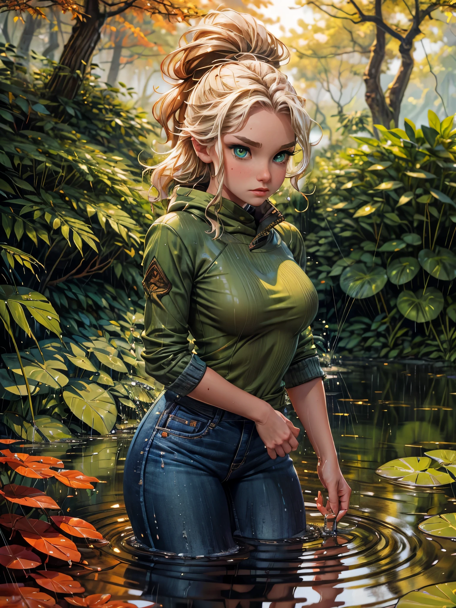 masterpiece, best quality, autumn outfit, colorful hair, outdoor,upper body, colorful autumnal clothes, ((fully clothed)), warm clothes, wet clothes, soaked, drenched, excited, wet hair, wet and slimy, water up to her chest, submerged, fantasy environment, fantasy chinese environment ,fantastical, vivid colors, varied poses, detailed green eyes, beautiful Asian girl, liz.ashley