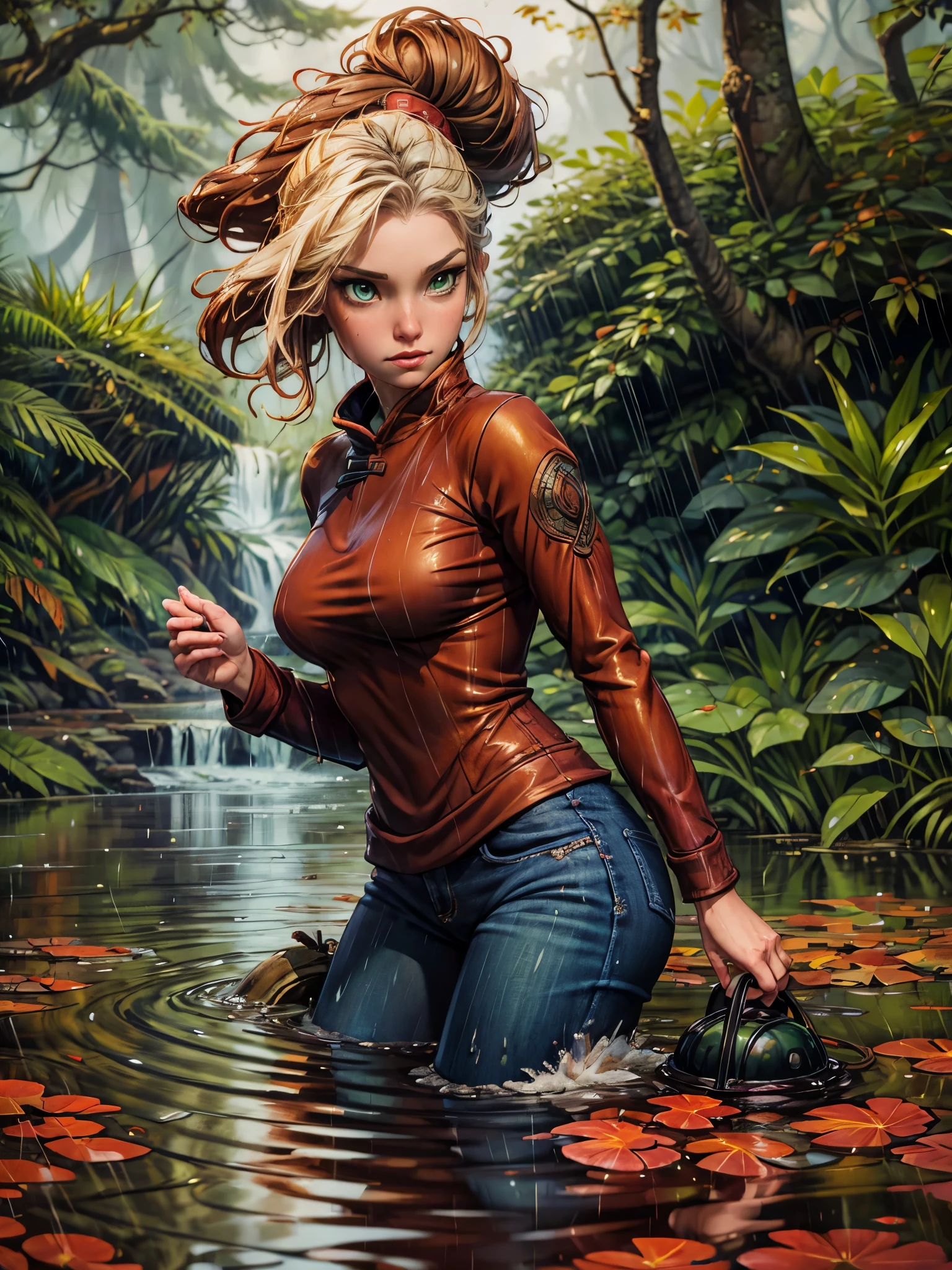 masterpiece, best quality, autumn outfit, colorful hair, outdoor,upper body, colorful autumnal clothes, ((fully clothed)), warm clothes, wet clothes, soaked, drenched, excited, wet hair, wet and slimy, water up to her chest, submerged, fantasy environment, fantasy chinese environment ,fantastical, vivid colors, varied poses, detailed green eyes, beautiful Asian girl, liz.ashley