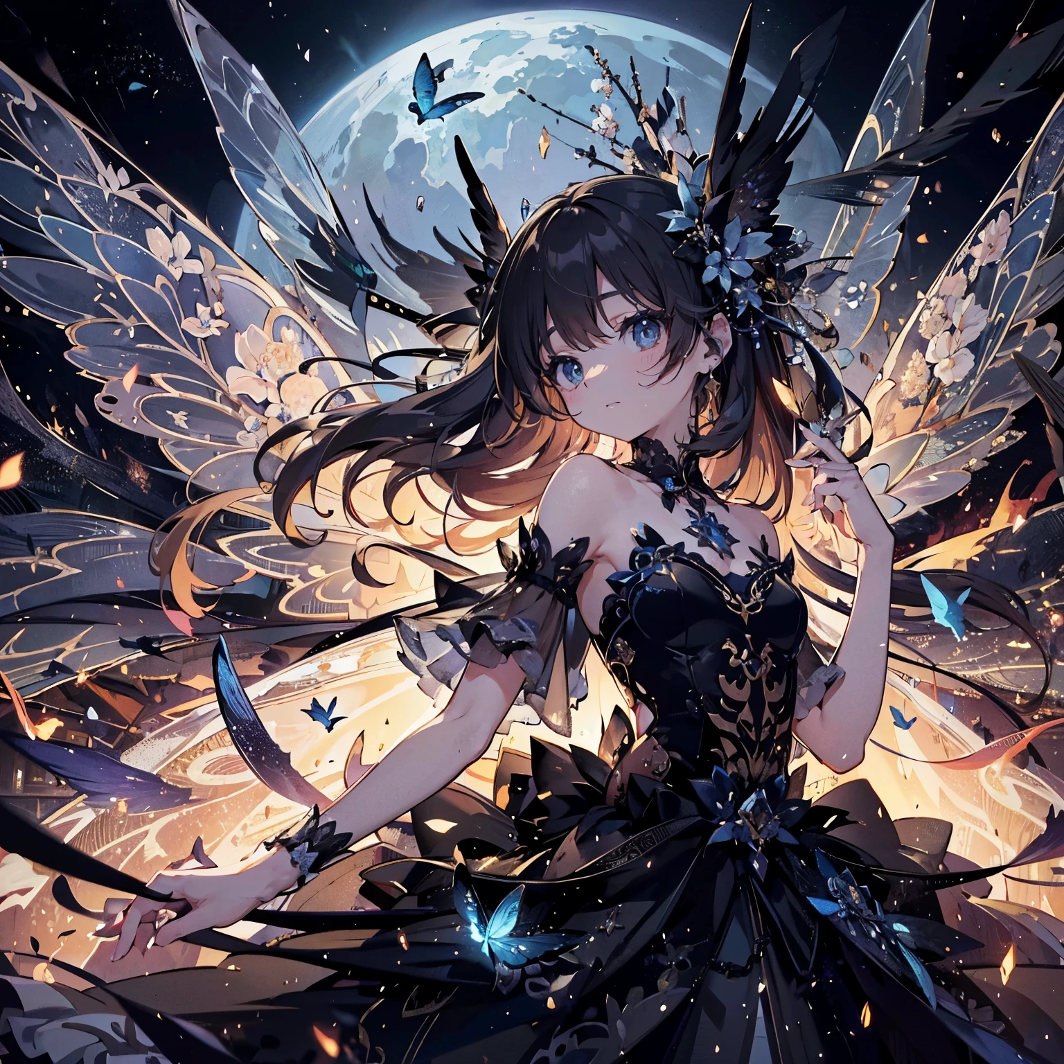 (Exquisite, beautiful, Very detailed, masterpiece, high resolution,high quality,High resolution),(Well-formed face,soft thin lines: 1.2, Beautiful, delicate and vivid illustrations with a mature and clear feel), From the rings on both hands, a fairy that controls flames and fire is floating in the air.,A delicate and beautiful adult fairy princess with transparent, black wings growing from her back.,Dark Night,inflammation,sparks,From a little distance,She&#39;s wearing a tiara, earrings, necklace and bracelets.,), ((Red, white and black ball gown dress with inflammation motif:1.1, Balloon sleeves, Jewels, ribbons, lace and frills, Fairy wings from the back:1.5)), (Long fingers,Pale pink blush, Plump pink lips,Beautiful and clear eyes,Large Bust, Fair skin, Black knee-highs,Good style),pastel colour, Fantasy,Whole body,flare up