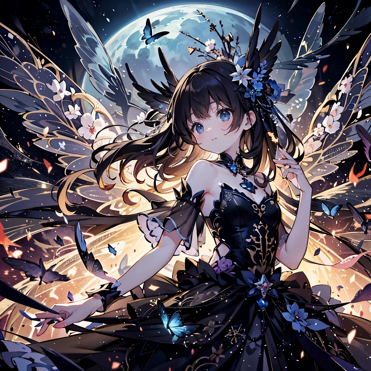 (Exquisite, beautiful, Very detailed, masterpiece, high resolution,high quality,High resolution),(Well-formed face,soft thin lines: 1.2, Beautiful, delicate and vivid illustrations with a mature and clear feel), From the rings on both hands, a fairy that controls flames and fire is floating in the air.,A delicate and beautiful adult fairy princess with transparent, black wings growing from her back.,Dark Night,inflammation,sparks,From a little distance,She&#39;s wearing a tiara, earrings, necklace and bracelets.,), ((Red, white and black ball gown dress with inflammation motif:1.1, Balloon sleeves, Jewels, ribbons, lace and frills, Fairy wings from the back:1.5)), (Long fingers,Pale pink blush, Plump pink lips,Beautiful and clear eyes,Large Bust, Fair skin, Black knee-highs,Good style),pastel colour, Fantasy,Whole body,flare up