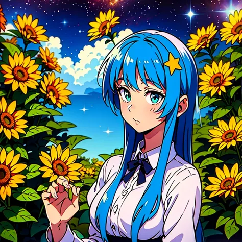 close-up shot, an anime wearing a white glass , standing on the land,night view ,many stars on the night sky,the milky way ,colo...