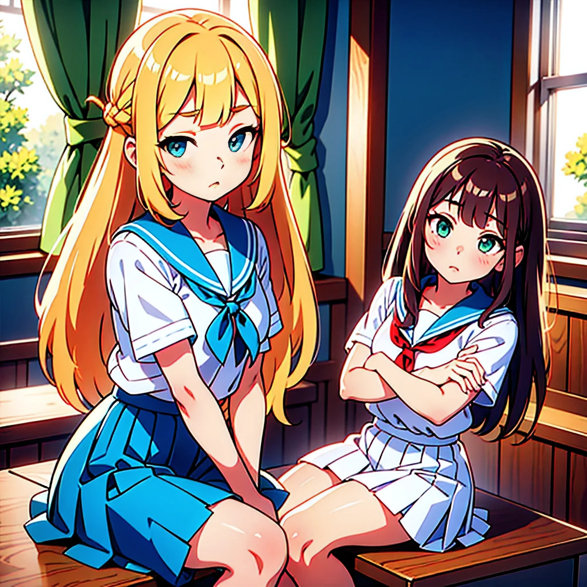 ((masterpiece,best quality, high resolution)), 1girl, solo, green eyes, blonde long hair tied with blue ribbon, blunt bangs, sitting, folded arms on the table, sleep on the folded arms, , white serafuku, red sailor collar, short sleeves, white pleated skirt, (in library), dramatic light, beside window, afternoon light through the window, afternoon, bokeh effect