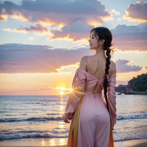 1girl, solo,smile, beach,(sunset:1.1),  akagi_rin(denchi-project), solo,  star hair ornament, twin braids,sparkle, from behind, ...