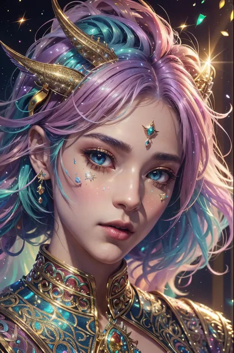 This is a highly detailed and semi-realistic fantasy art image with beautiful layers of shimmer, glimmering silks, and a glitter...