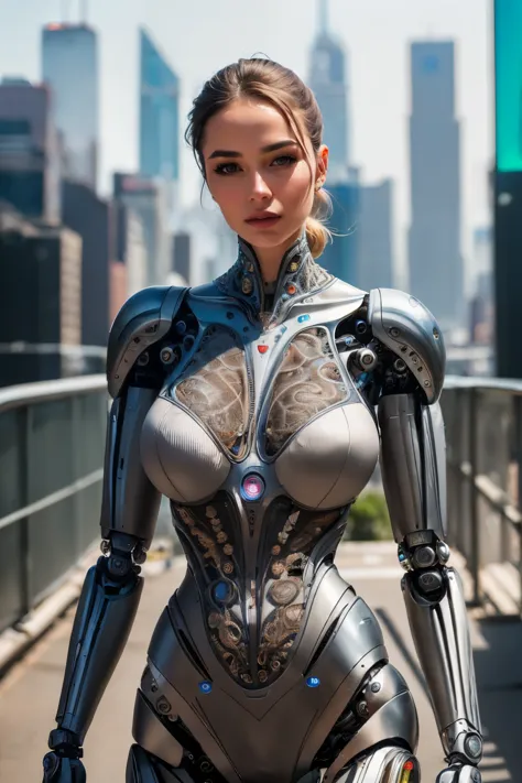 Woman-robot in the big city, high quality, absurdres, masterpiece, beautiful, intricate details, 1/2 body crop, slim body, beaut...