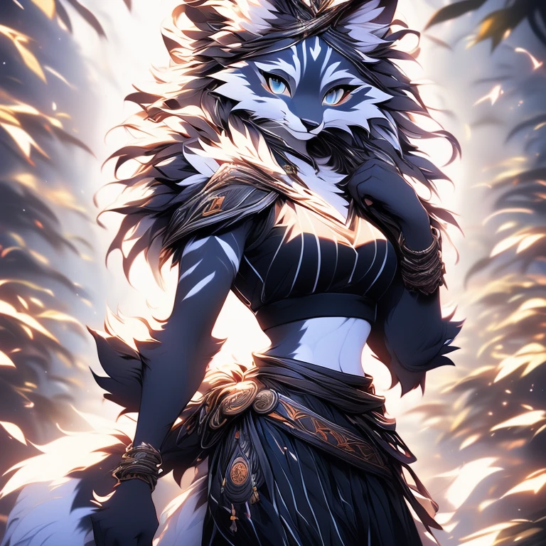 ( Absurdly , High quality , ultra detailed ) ,( hand detailed ) , 1girl, solo, mature, Solo, sfw, Young Female white fox-cat (((lean-body))) (((medium breasts))) (short snout),(((fur (black stripe) between neck and shoulder towards chest))) ((fur (black stripes) on waist))(ears are darker), (heterochromia (orange, violet)), (cat tail (black at end)), (white hair (single-braided)), (fantasy adventure type clothing ((violet shirt (crop top) (dark fur strips on waist)), golden-brown cloak, (navy-blue belt) skirt and pants)), happy ((looking at viewer)) ((Female wolf)) (detailed eyes) (clevedge, (collarbone, shoulders), (solo, (1girl)) ((((fluffy white fur)))) ((extremely detailed fur)) (violet crop top)