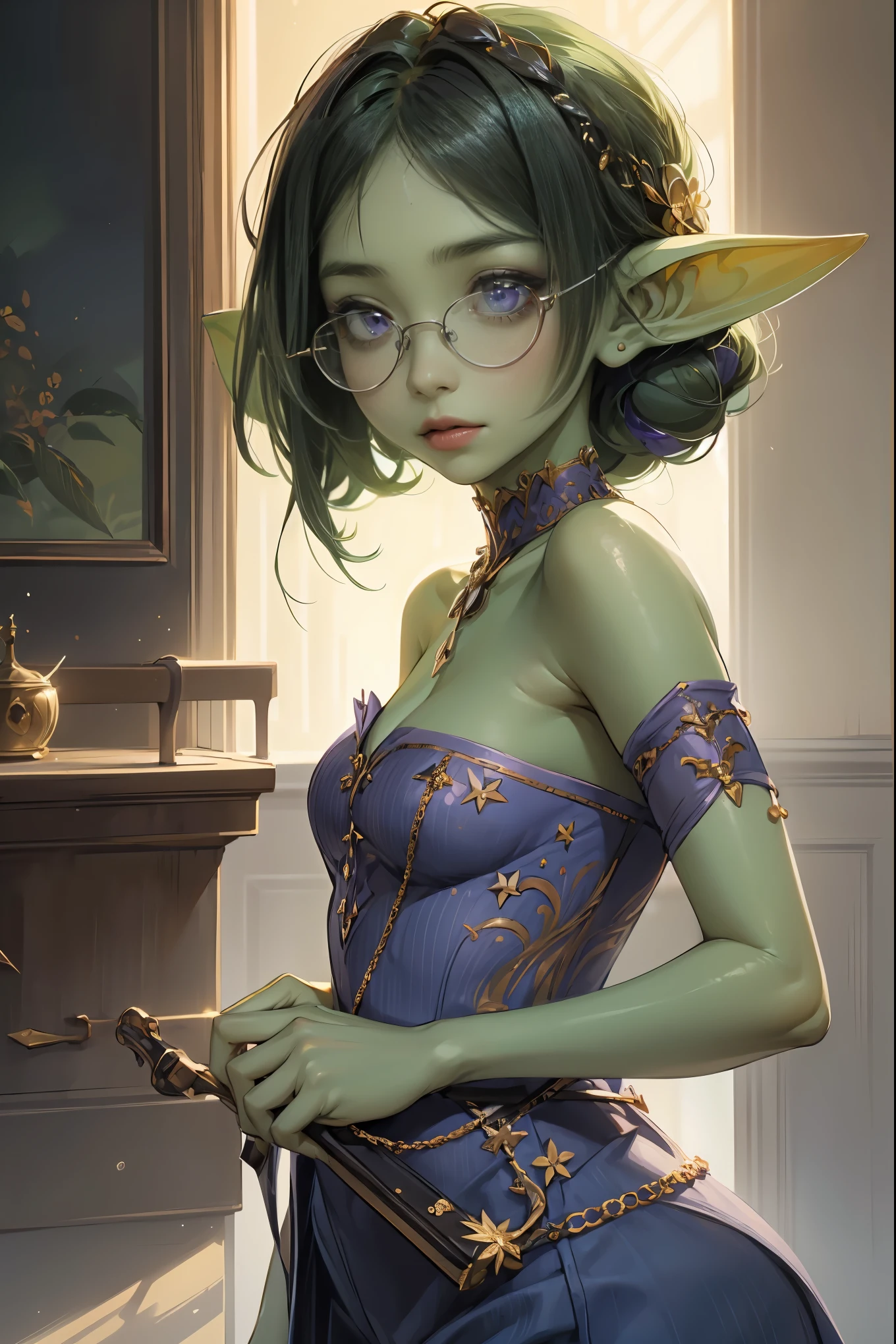 (((1girl:1.8))) (((solo))) intricate details, tonemapping, sharp focus, hyper detailed, trending on Artstation, Masterpiece, absurdrez, amazing detail, 4k, perfect face, symmetrical, (small ears), 3 foot tall green goblin girl, wearing purple shirt and tight jeans, very shy, (((black glasses))), ((green skin)), short dark green hair, (purple eyes), exploring a fine art museum, admiring painting on the wall, curious and fascinated, cinematic lighting, fine art lines the walls, in art museum, small smile, loves art, walking towards camera, holding purse, stopping to admire art, looking closely at art, white walls, marble floors, fine art, meek, demure
