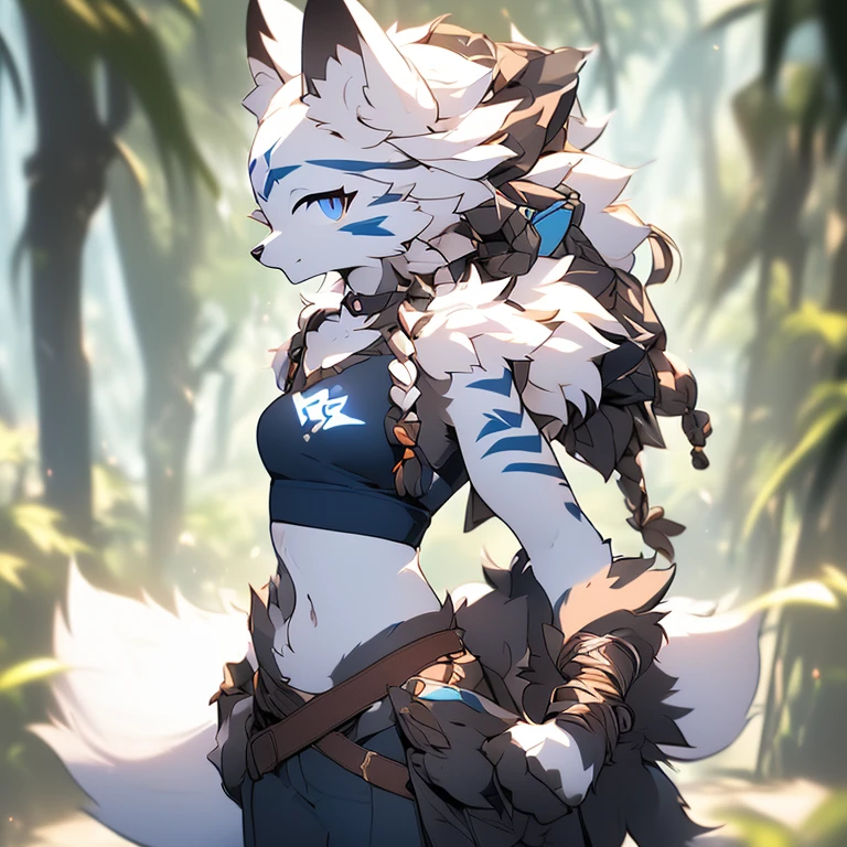 Solo, sfw, Young Female white fox-cat (((lean-body))) (((medium breasts))) (short snout),(((fur (black stripe) between neck and shoulder towards chest))) ((fur (black stripes) on waist))(ears are darker), (heterochromia (orange, violet)), (cat tail (black at end)), (white hair (single-braided)), (fantasy adventure type clothing ((violet shirt (crop top) (dark fur strips on waist)), golden-brown cloak, (navy-blue belt) khaki pants)), happy ((looking at viewer)) ((Female wolf)) (detailed eyes) (clevedge, (collarbone, shoulders), (solo, (1girl)) ((((fluffy white fur)))) ((extremely detailed fur)) (violet crop top)