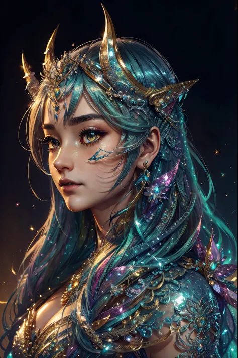 This is a highly detailed and semi-realistic fantasy art image with beautiful layers of shimmer, glimmering silks, and a glitter...
