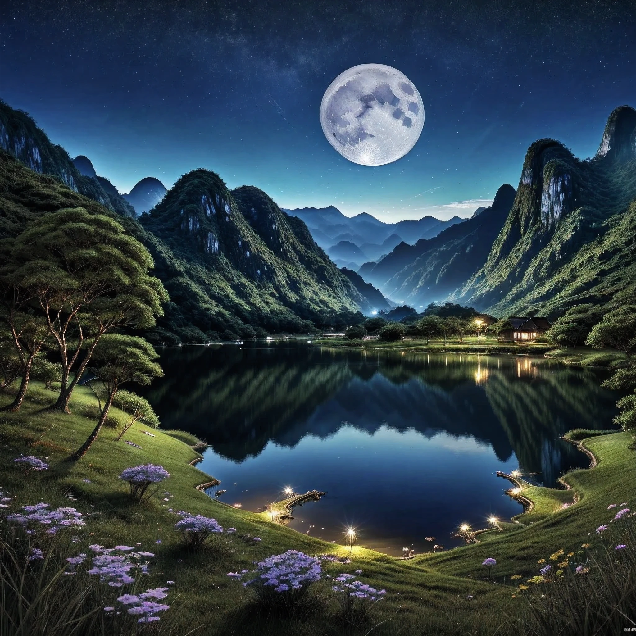 Ночная сцена с какой-то домашней азиаткой, Вьетнам, Вьетнам, Хазянг, луна, озеро на переднем плане, спокойная ночь, зеленый и синий, цифровая иллюстрация, Высокодетализированное цифровое искусство 4K, ночной пейзаж, Аниме Арт Обои 4k, аниме арт обои 4 k, Детализированное цифровое искусство 4k, ночной пейзаж природы, аниме арт обои 8 k, фоновое изображение, красивое искусство uhd 4k, 4k HD иллюстративные обои