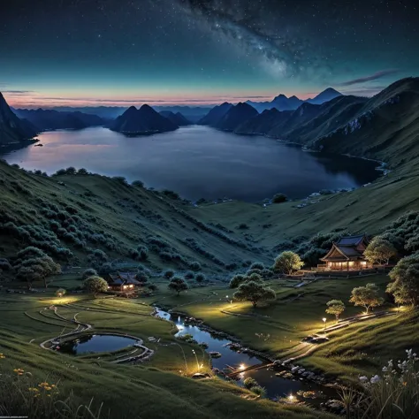 night scene with some house asian, vietnam, viet nam, ha giang, moon, lake in the foreground, calm night, green and blue, digita...