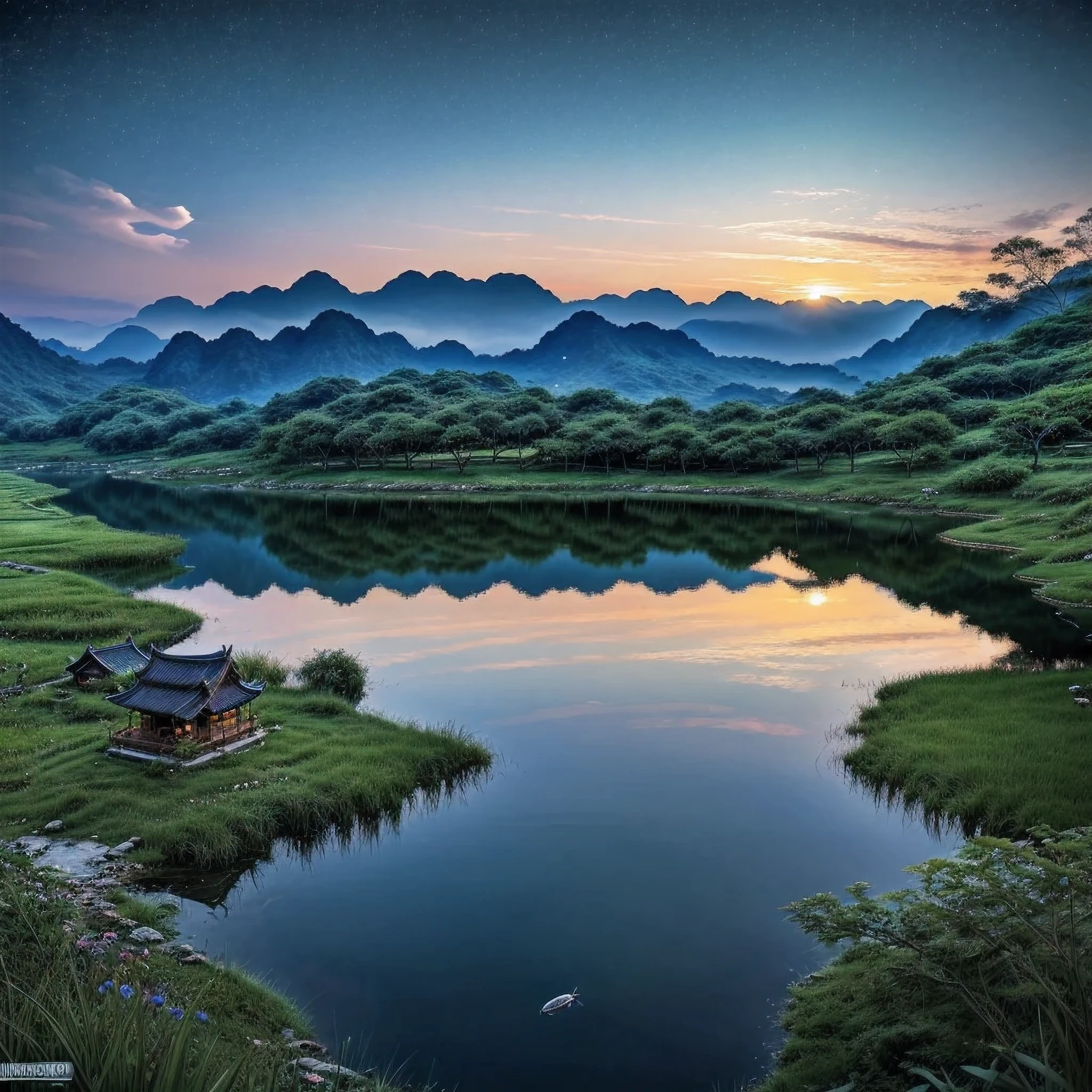 scène de nuit avec une maison asiatique, vietnam, Viêt Nam, Ha Giang, lune, lac au premier plan, nuit calme, vert et bleu, Illustration numérique, Art numérique 4K très détaillé, paysage de nuit, fond d&#39;écran animé 4k, fond d&#39;écran d&#39;art animé 4k, Art numérique détaillé 4k, paysage naturel nocturne, fond d&#39;écran d&#39;art animé 8 K, oeuvre d&#39;arrière-plan, bel art UHD 4 K, Fond d&#39;écran illustratif 4 k HD