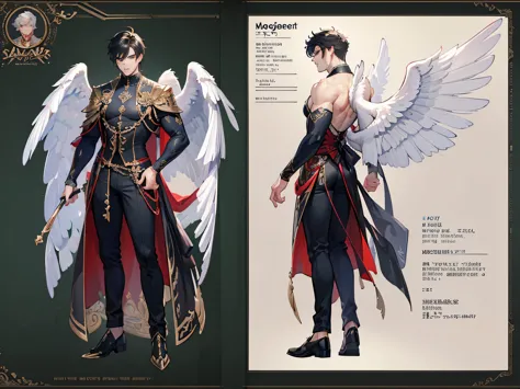 ((Masterpiece, Highest quality)), Male, boy, Detailed face, character design sheet， full bodyesbian, Full of details, frontal body view, back body view, Highly detailed, Depth, Many parts, angel wings, angel outfit, Muscle boy with black hair，handsome man,...