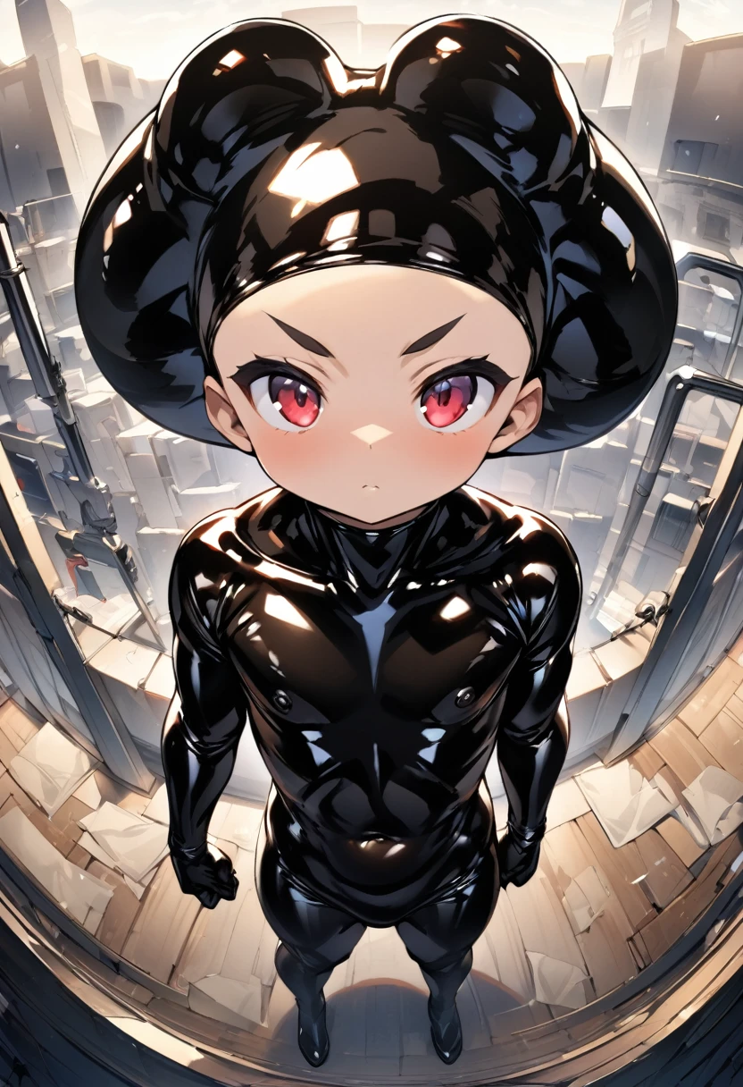 (masterpiece、highest quality、bust shot:1.1、Fisheye)、Muscle juvenile in a full body tight latex hero suit、(((１juvenile、solo、15 years old)))、((luster、Full body black rubber suit、black rubber gloves、black rubber bootale children、young boy、&#39;s face、cool、Early childhood、when I was young、teenager face、young face、short round face、flat jaw、Three white eyes、 delicate big red and black eyes、detailed face）、smooth white skin、blush、anger、Looks embarrassed、color bleach、short golden orange hair、((low length))、detailed body、Muscular full body Esbian、Three-dimensional muscles、Detailed muscles、abs、six pack、trapezius muscle、Triangular ribs、biceps muscles、forearm muscles 、thick pectoral muscles、Latissimus dorsi、Thigh hamstrings、giant gluteus maximus、big ball、perfect anatomy、base、rim light、sunshine、