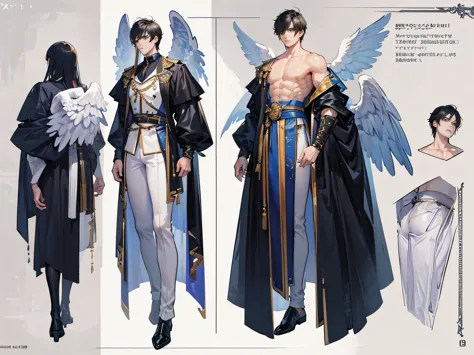((Masterpiece, Highest quality)), Male, boy, Detailed face, character design sheet， full bodyesbian, Full of details, frontal body view, back body view, Highly detailed, Depth, Many parts, angel wings, angel outfit, Muscle boy with black hair bangs，handsom...