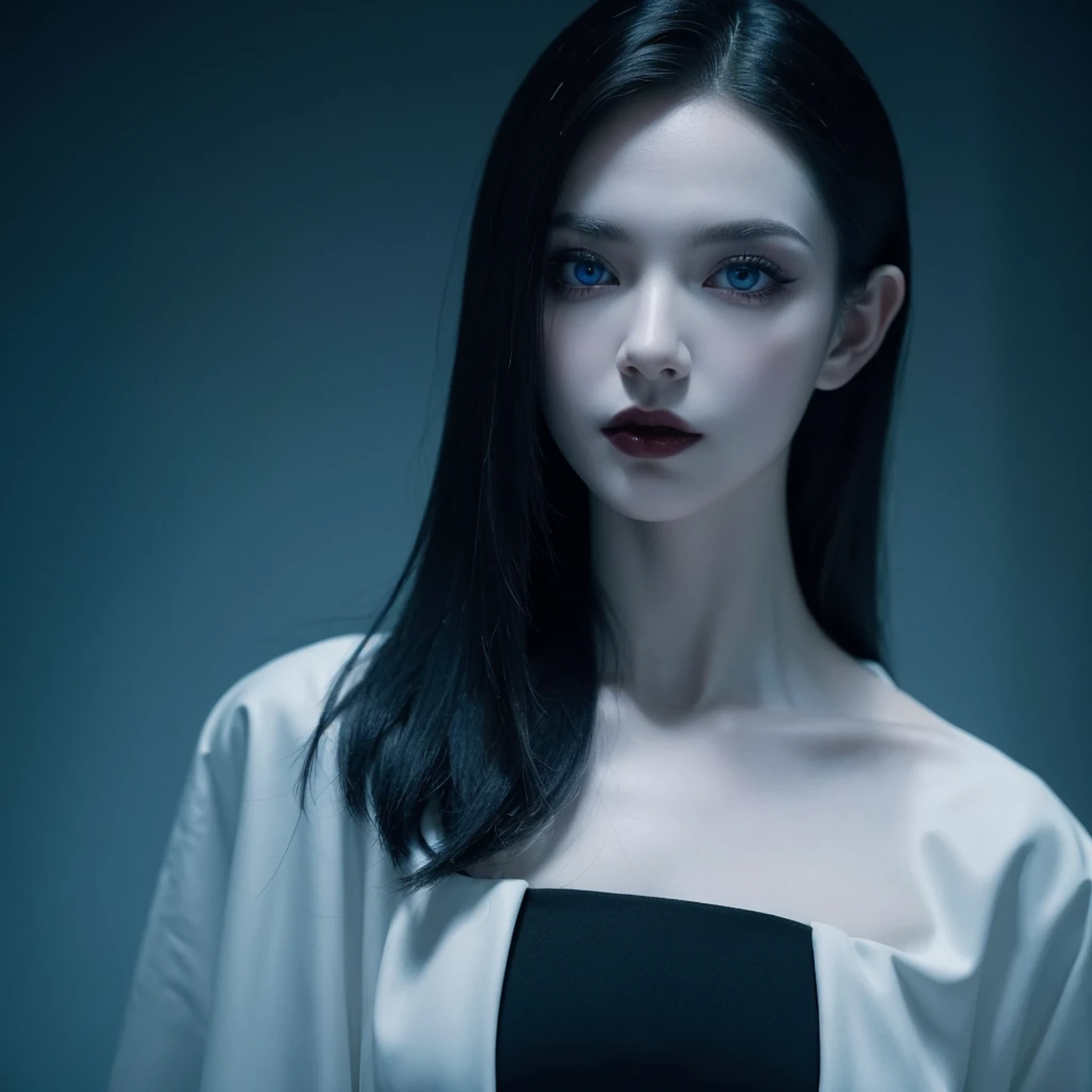 ((Meisterwerk)), ultra-realistisch, Porträt eines schönen blassen Vampirs mit (schwarzer Emaille), ein tiefdunkles Make-up, strahlend blaue Augen, in einer dunklen und düsteren Umgebung. (Die Eingabeaufforderung ist auf Portugiesisch)