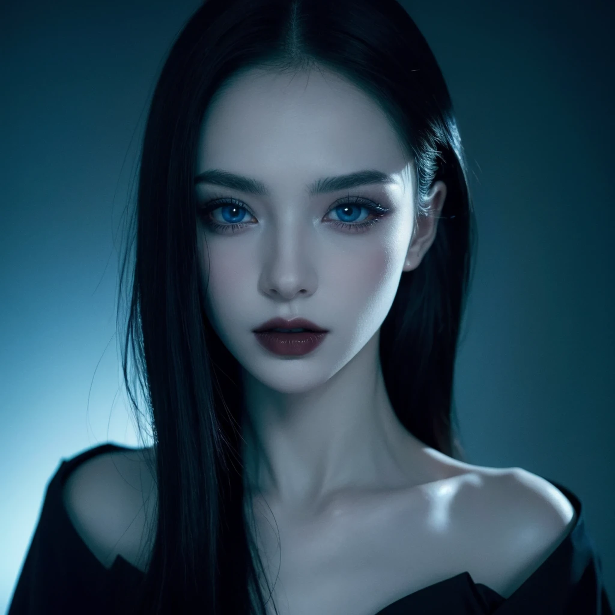 ((Meisterwerk)), ultra-realistisch, Porträt eines schönen blassen Vampirs mit (schwarzer Emaille), ein tiefdunkles Make-up, strahlend blaue Augen, in einer dunklen und düsteren Umgebung. (Die Eingabeaufforderung ist auf Portugiesisch)