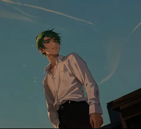 young 16 year old man white long sleeve shirt with buttons young man feels afraid sadness green hair green eyes