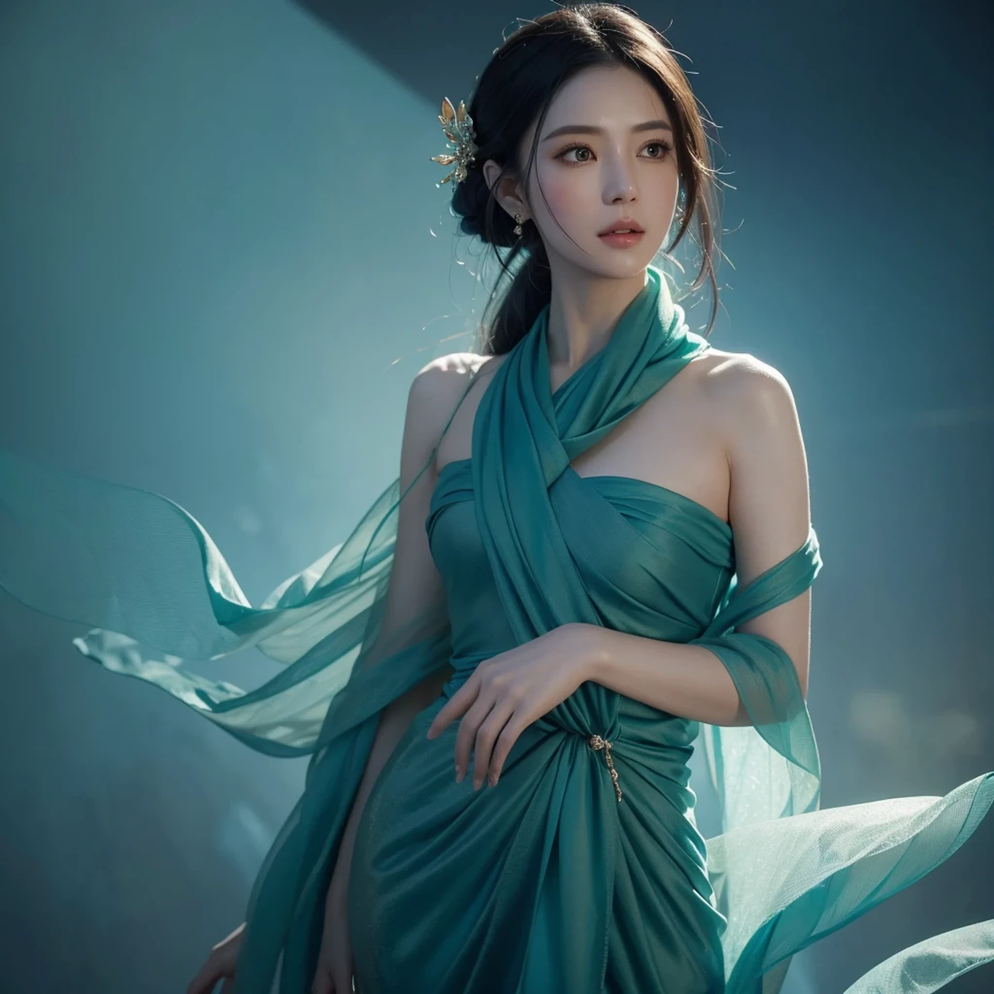 una mujer con un vestido azul y una larga bufanda verde, hermosa pintura de personajes, una hermosa emperatriz de fantasía, by Yang J, style of artegerm, artegerm and ruan jia, extremely detailed artegerm, trending artegerm, artegerm. ilustración animada, ruan jia and artegerm, inspirado en Pu Hua, artegerm detailed