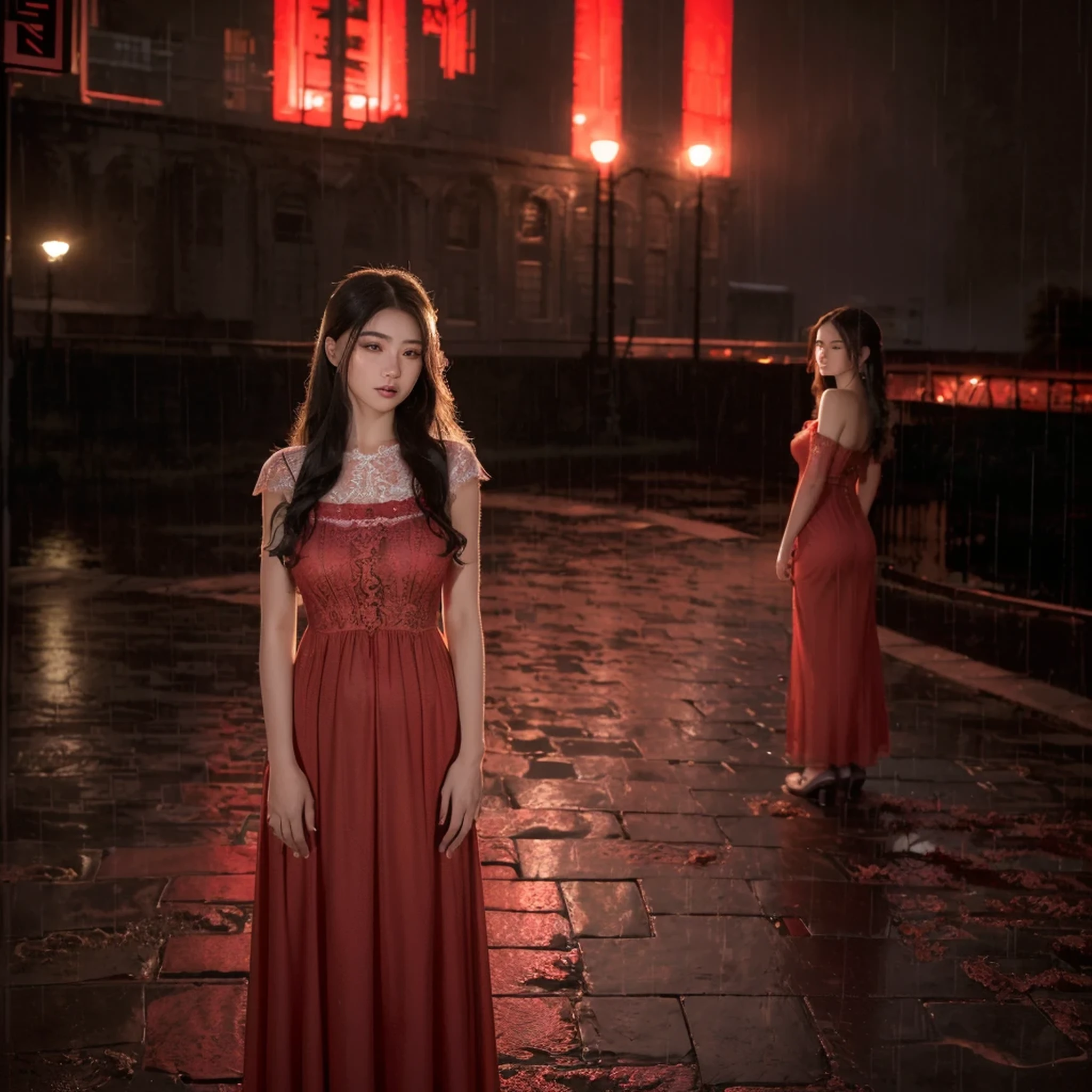 ((Best quality, 8k, lace maxi dress, standing in the rain, red light district, highly detailed face and skin texture, detailed eyes, double eyelids.)