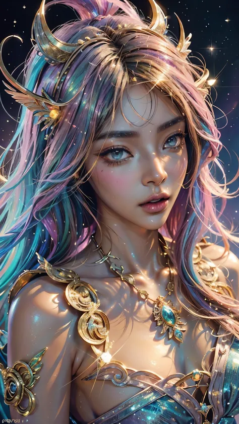 This is a highly detailed and semi-realistic fantasy art image with beautiful layers of shimmer, glimmering silks, and a glitter...